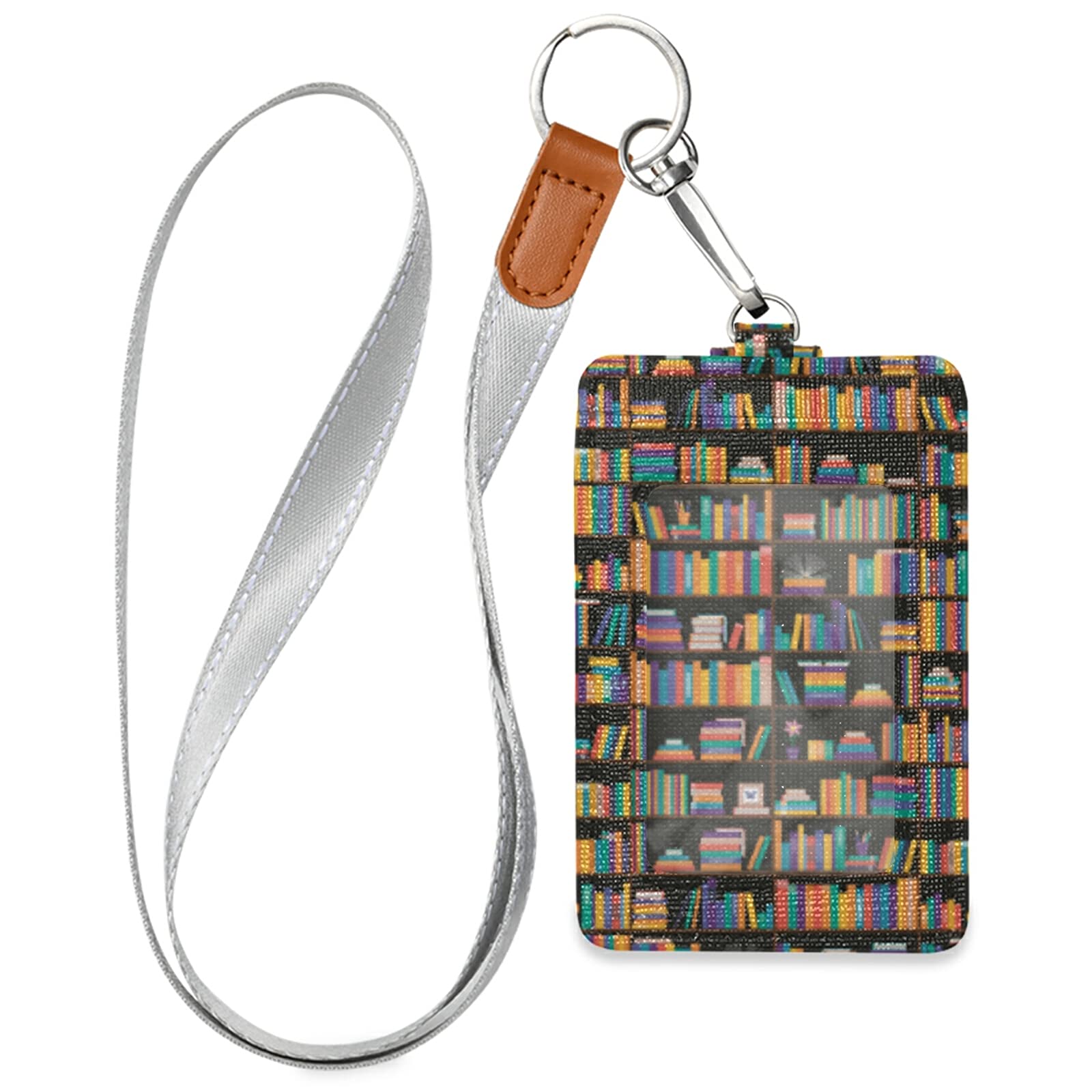 JUAMA Colorful Bookshelf Design PU Leather ID Badge Holder - 3 Slot Wallet Case with Neck Lanyard, Snap Button & Key Ring for Security, Office Workers, Students (Ideal for Schools, Hospitals, Corporate Events)