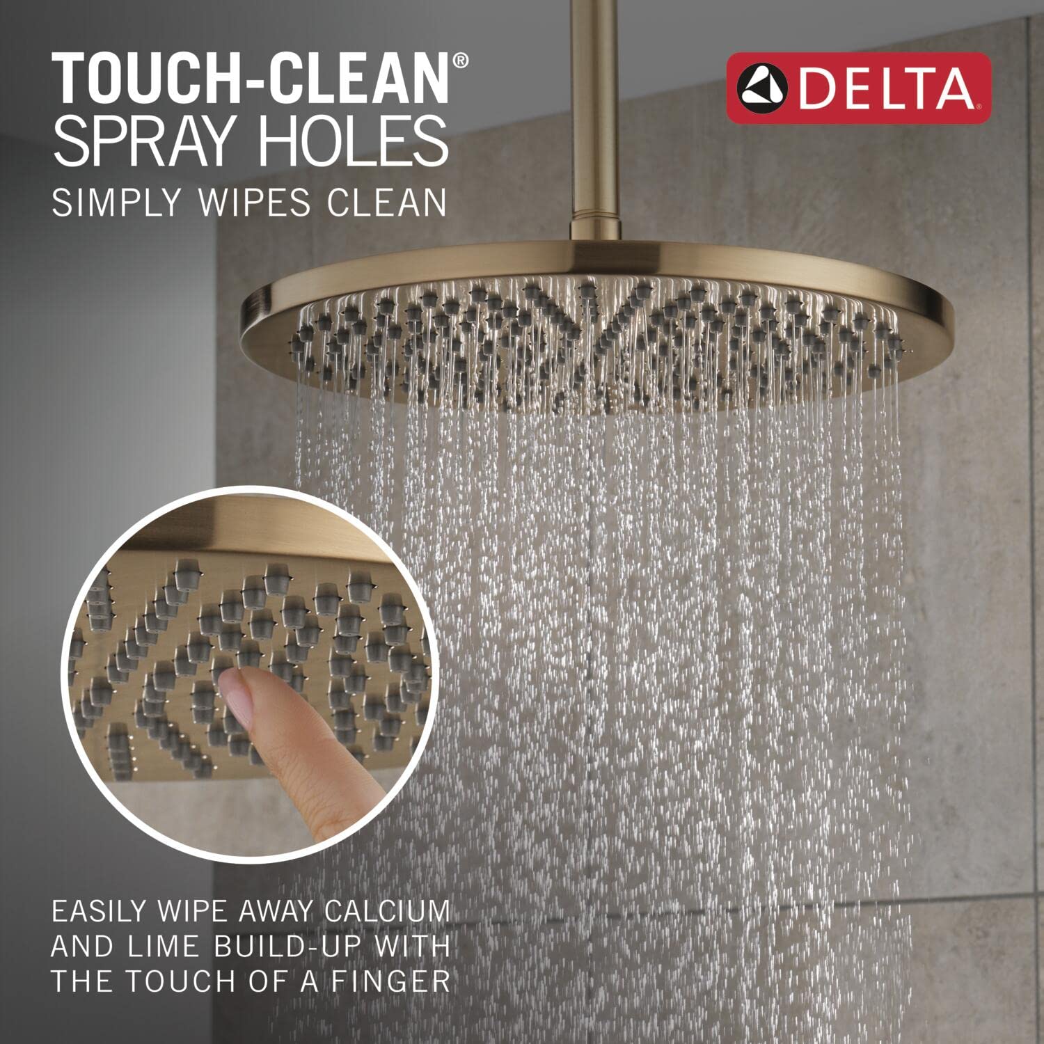 Delta Faucet Rain Shower Head - 10 Inch Luxury Gold Rainfall Shower Head with Lumicoat Champagne Bronze Finish, Ceiling Mount Metal Shower System (Includes Shower Arm) - Perfect for Spa-Like Bathroom Upgrades and Modern Home Renovations