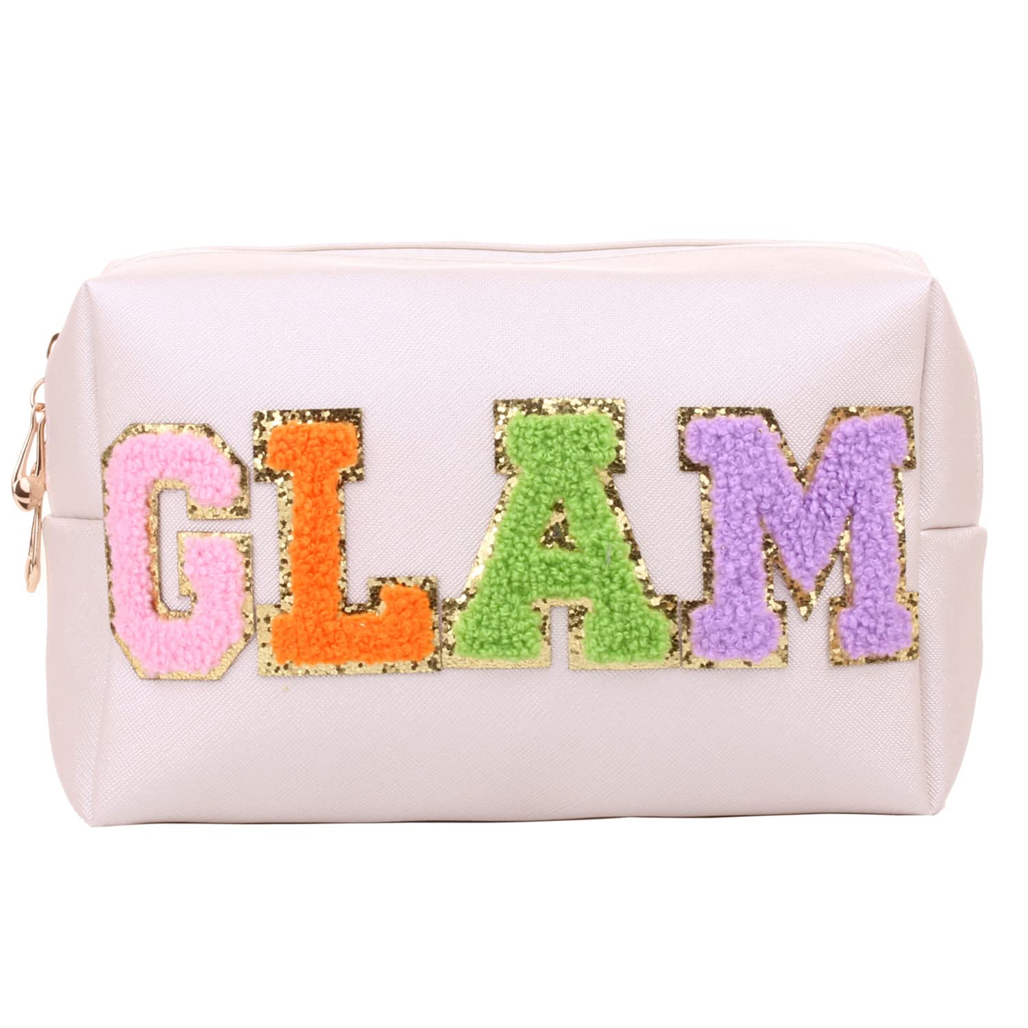 Preppy Patch Cosmetic Toiletry Bag for Women & Girls - PU Leather Makeup Organizer with SKIN Letters, Waterproof Travel Makeup Pouch, Zippered Storage Purse for Gym, Vacation & Daily Essentials