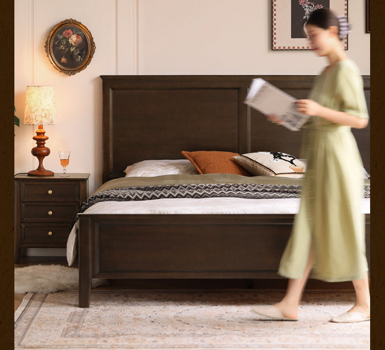 Solid Poplar Wood Bed - Modern American Retro High Back Bed Frame for Bedroom, Guest Room & Master Suite