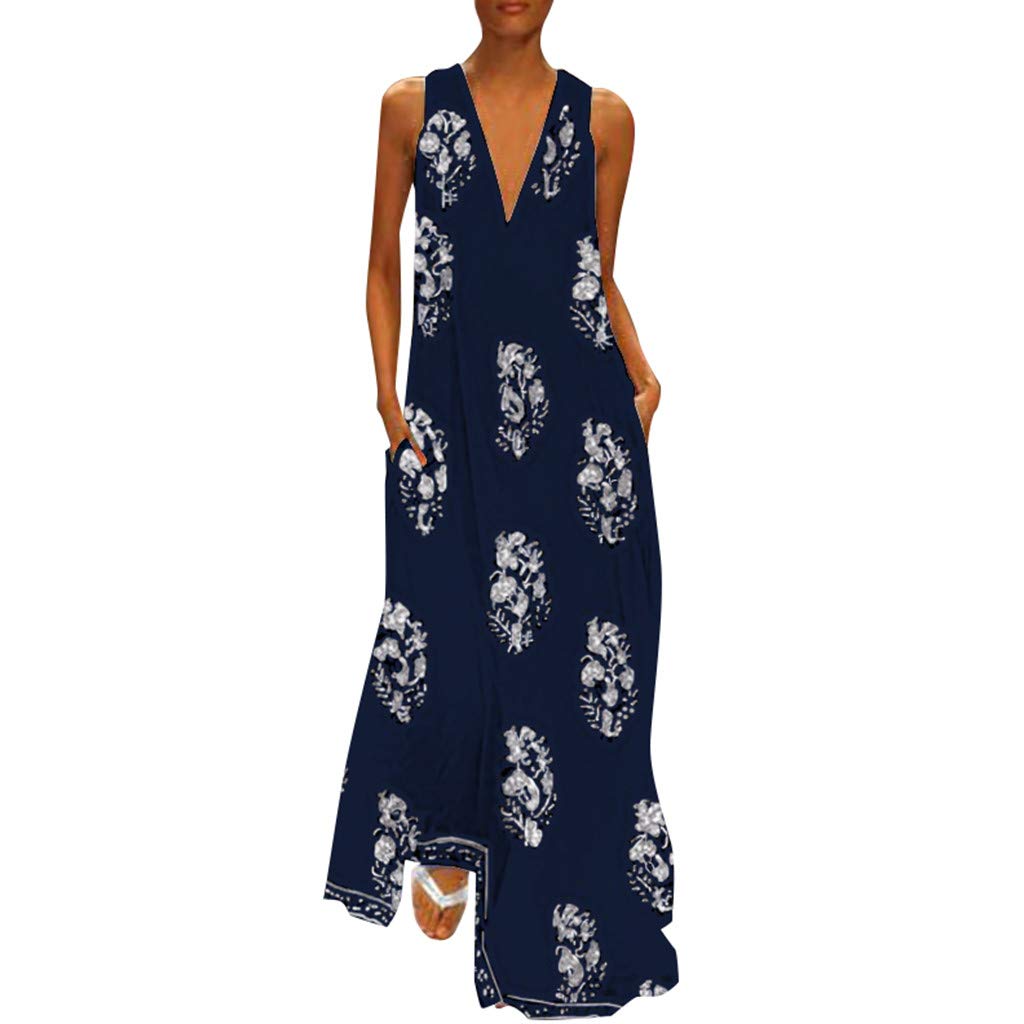 Smooto Women's Floral Pencil Dress - Boho Beach Party Sundress, Sleeveless Halter Neck Casual Summer Dress for Prom, Vacation & Outdoor Events (Dark Blue, Size XL)