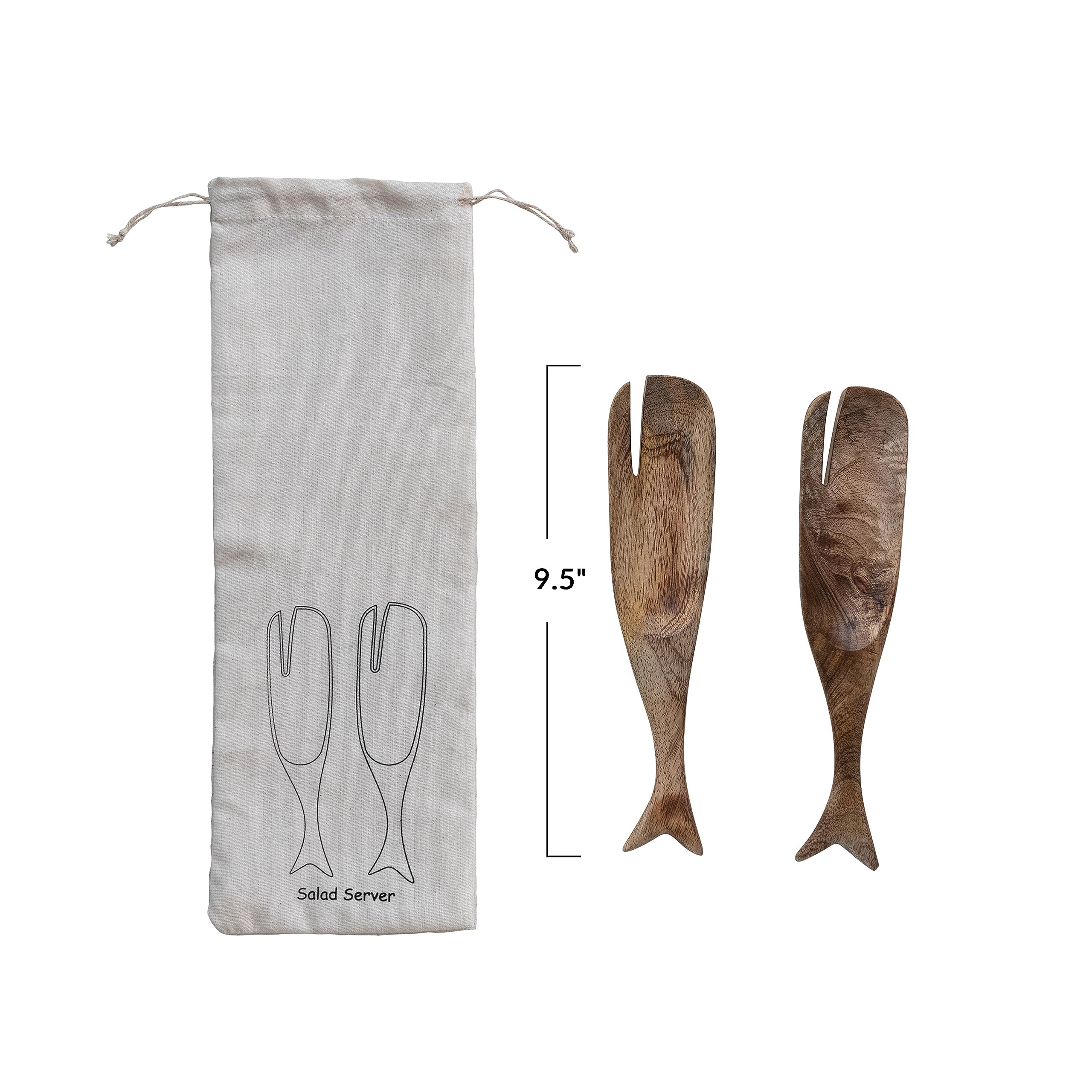 Creative Co-Op Set of 2 Natural Mango Wood Whale Design Salad Servers - 9.75 Inch Eco-Friendly Kitchen Utensils for Serving Salads, Pasta & Appetizers