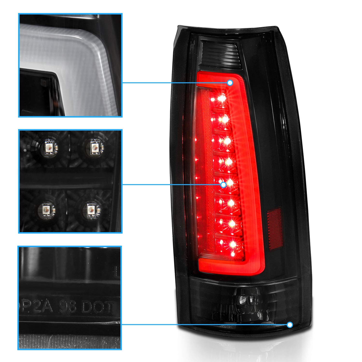 AmeriLite LED Tail Lights for 1988-1999 Chevy GMC C/K Truck, Blazer, Tahoe, Suburban, Yukon, Escalade - Dark Black C-Type Tube Design (Pair) - Perfect for Night Driving and Custom Truck Upgrades