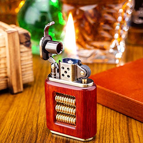 Vintage Windproof Brass Lighter - Antique Kerosene Flip Lighter with Wooden Case for Smoking & Outdoor Use