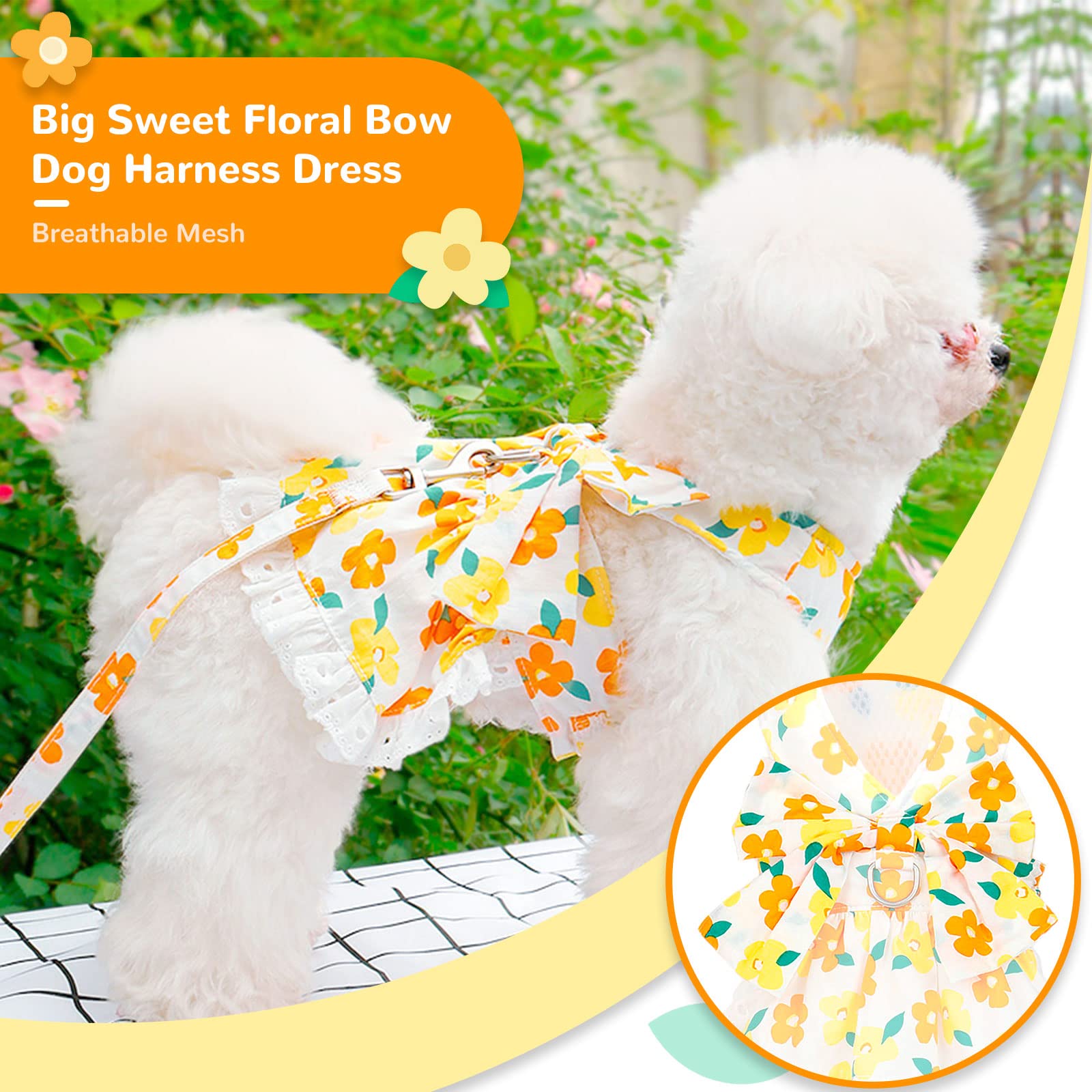 Small Dog Harness & Dress Set with Leash - Cute Floral Princess Outfit for Puppies & Kittens (Yellow, Medium) | Perfect for Summer Walks, Birthday Parties & Pet Fashion Photos