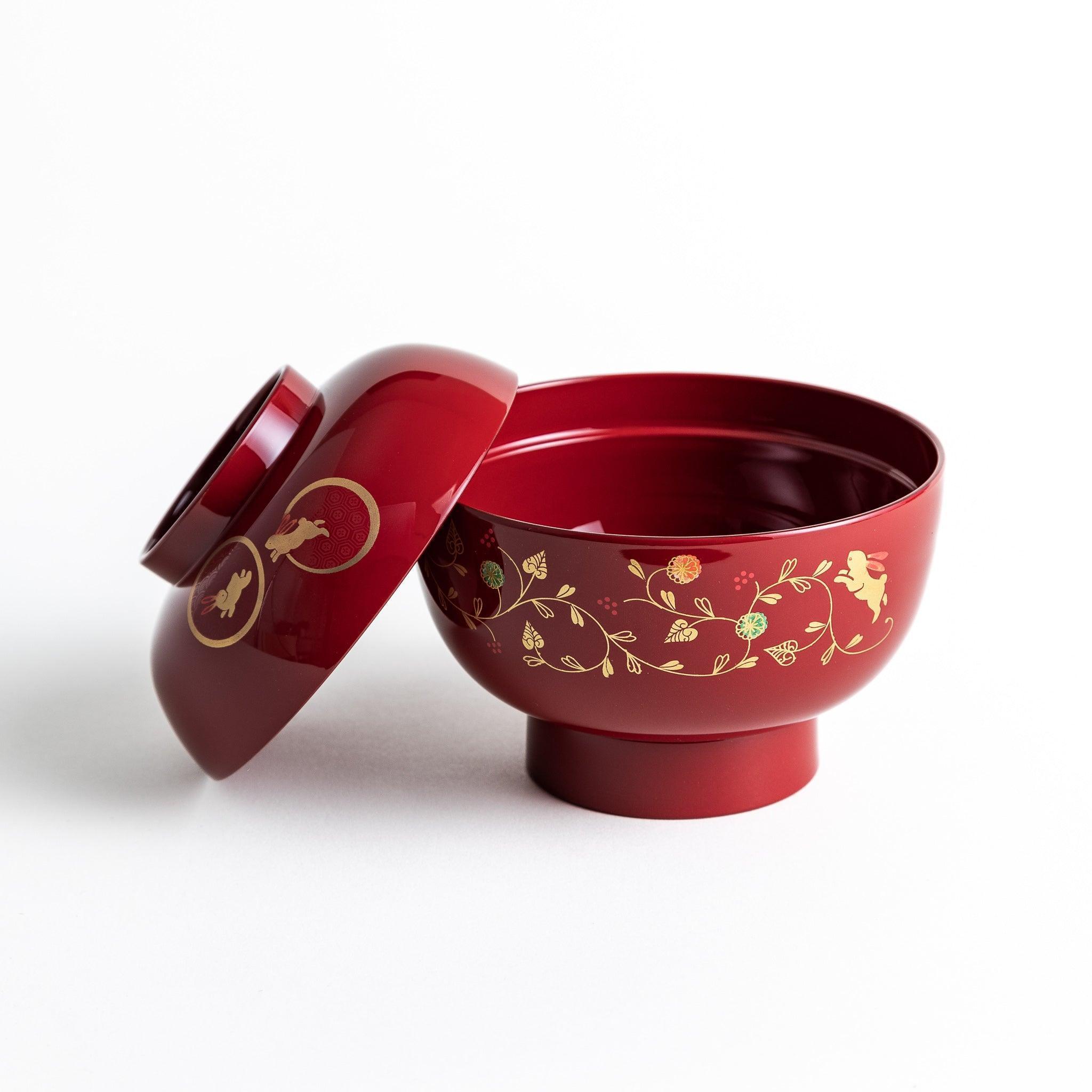 Premium Japanese Rabbit and Vines Miso Soup Bowl Set - Authentic Ceramic Soup Bowl with Lid for Ramen, Udon & Asian Noodles - Perfect for Home Dining, Restaurant Use & Gift Giving