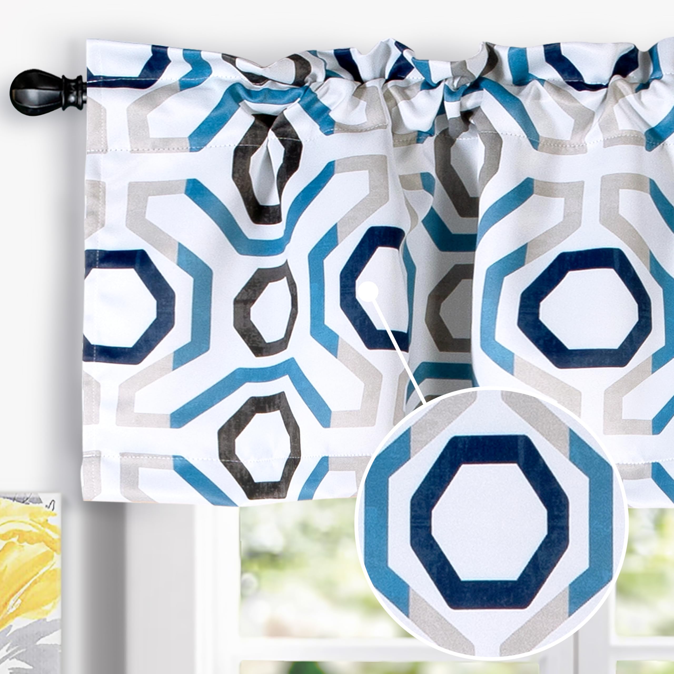 DriftAway Short Kitchen Window Valance Curtains - 1 Pack, 52 x 18 Inch, Blue Gray Camden Geometric Lattice Design - Thermal Insulated Valances for Living Room, Laundry, Bathroom & Small Windows | Perfect for Home Decor, Privacy & Light Control