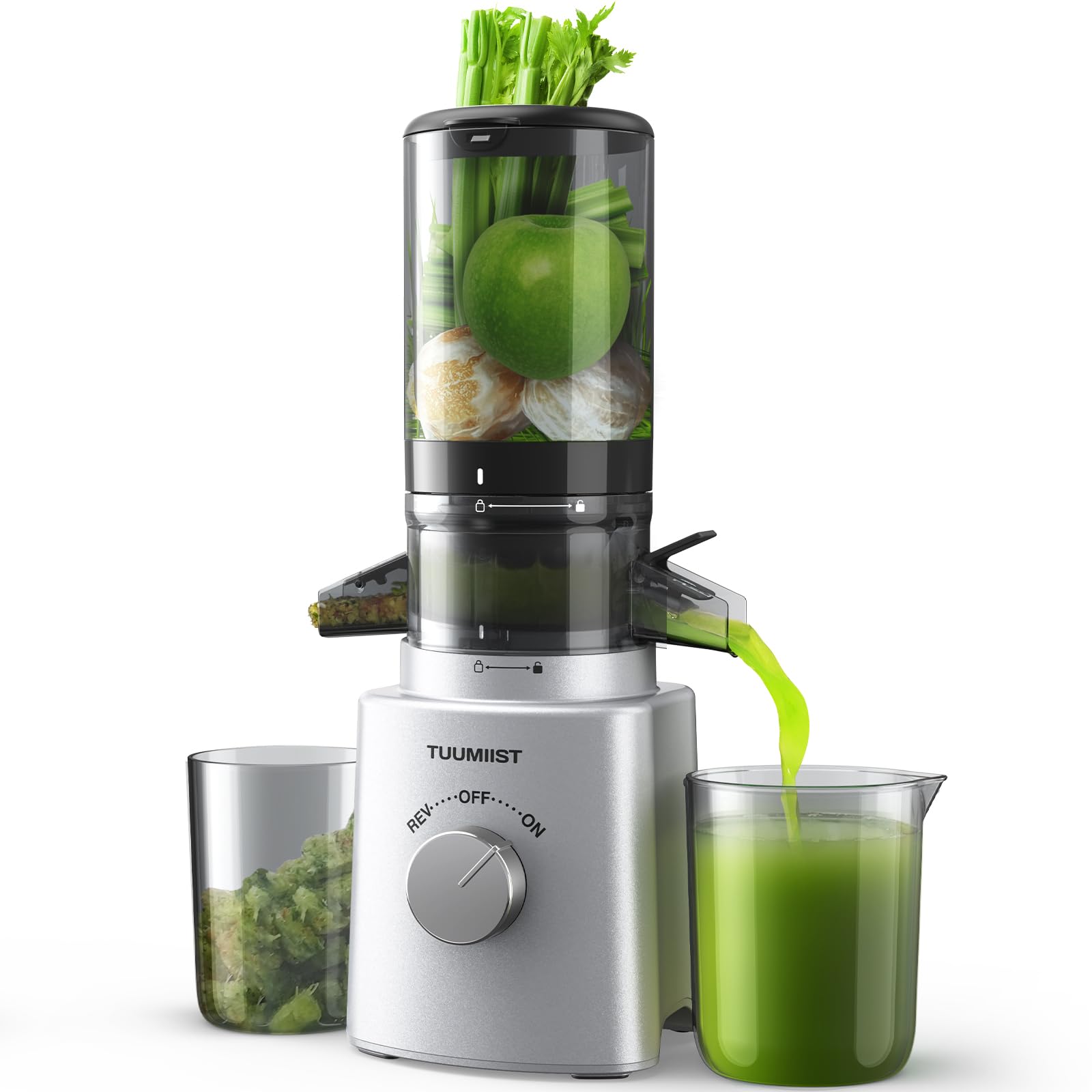 TUUMIIST Cold Press Juicer - 4.25'' Large Feed Chute for Whole Fruits & Vegetables, Easy Clean Masticating Juicer, BPA Free (Silvery) - Perfect for Healthy Juicing at Home, Gym, or Office