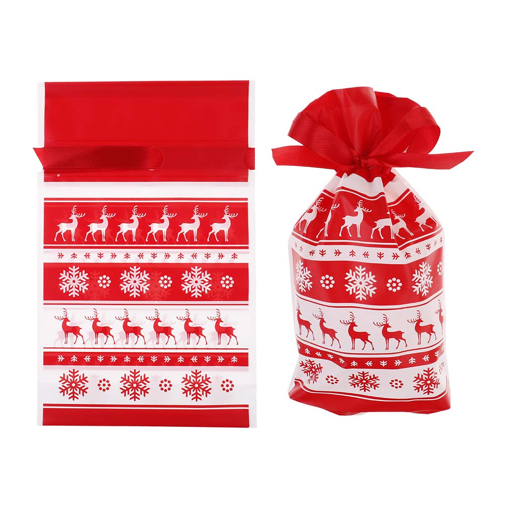 30 Pack Christmas Elk Candy Treat Bags - Drawstring Plastic Party Favor Bags for Cookies, Chocolates & Gifts - Perfect for Christmas, Weddings, Birthdays & Holiday Celebrations (Red & Green) - Bulk Goodie Bags for Party Favors, Gift Wrapping & Festive Events