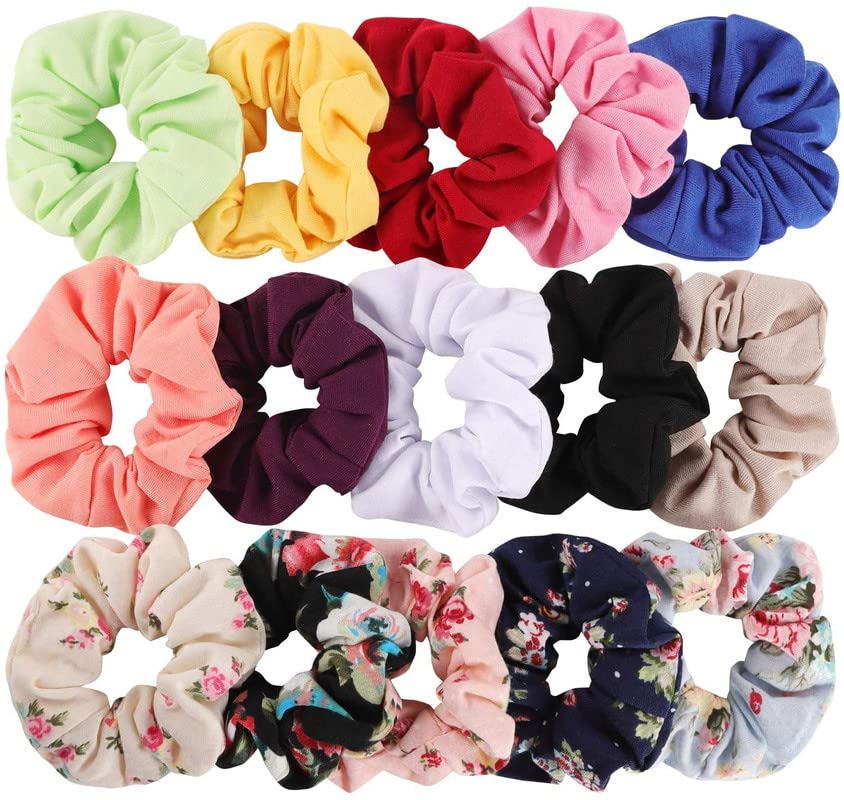 Staila Cotton Hair Scrunchies - 15 Pack Soft Elastic Hair Bands for Women & Girls - Perfect for Workouts, Office, School & Everyday Hair Accessories