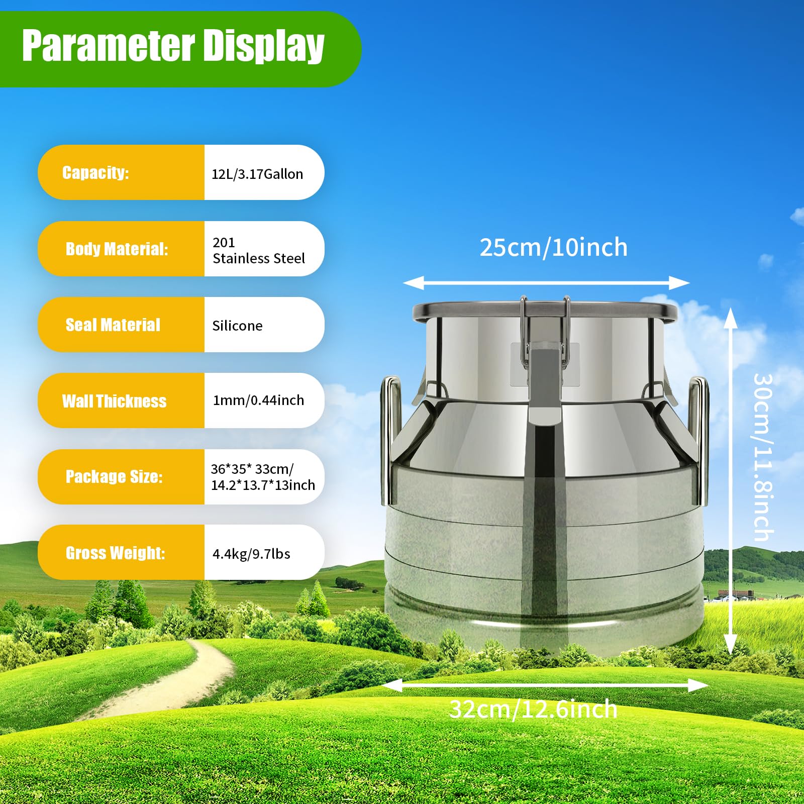 LOYALHEARTDY 12L/3.17Gallon Stainless Steel Milk Can with Lid - Airtight Food Storage Container for Kitchen, Perfect for Milk, Juice, Ice, Grains & Dry Goods | Great for Home, Restaurant & Camping Use