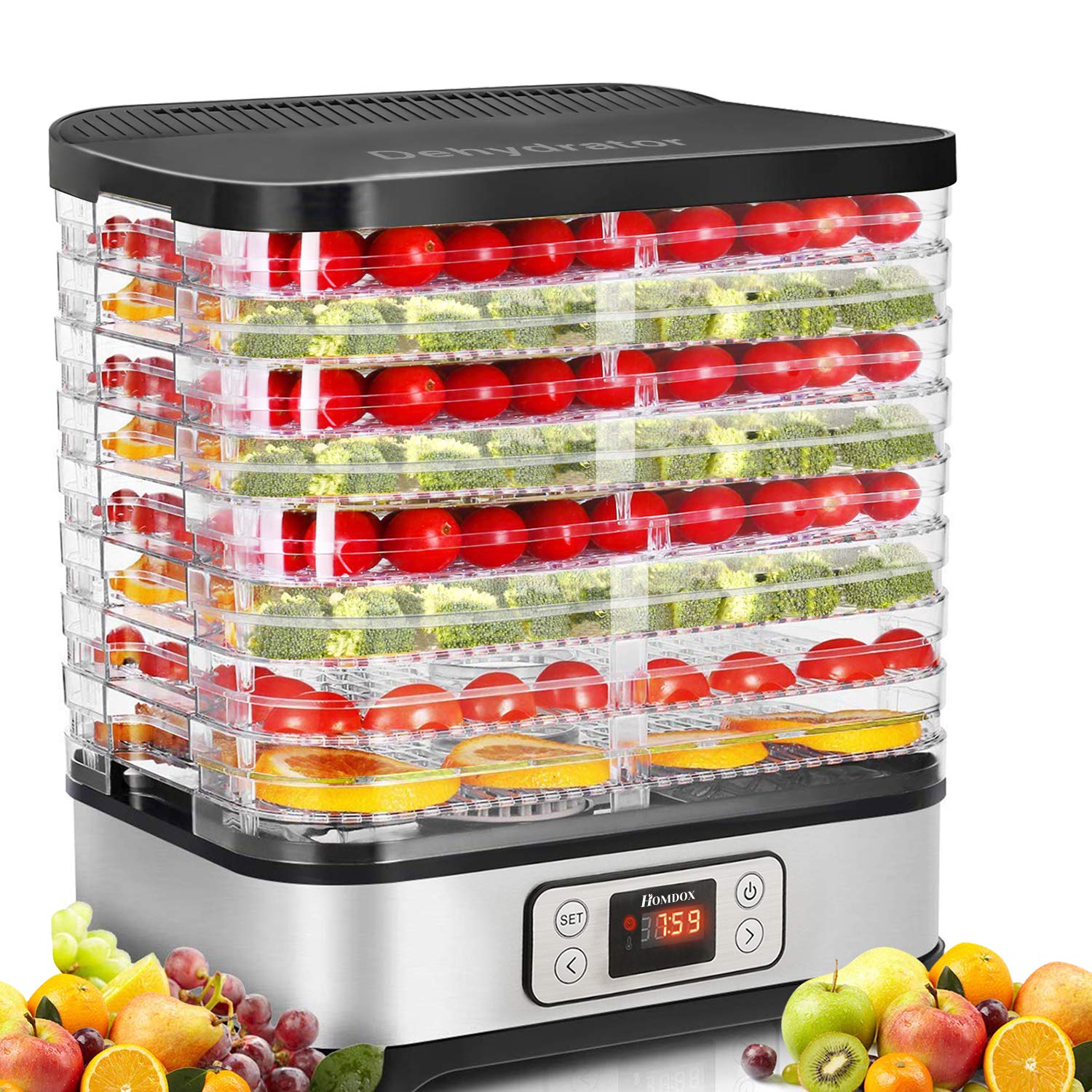Homdox 8-Tray Digital Food Dehydrator with Adjustable Timer & Temperature Control - BPA Free 400W for Drying Fruits, Vegetables, Herbs, Meat Jerky - Includes Fruit Roll Sheet - Perfect for Healthy Snacks, Camping & Food Preservation