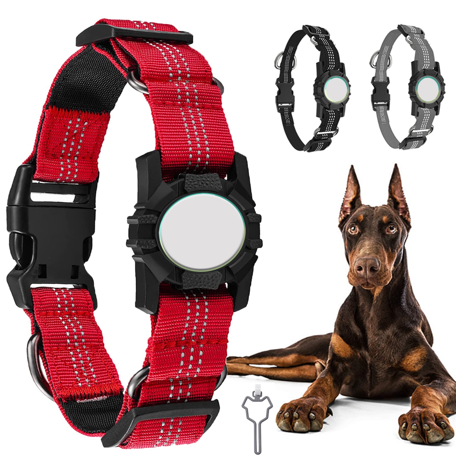 Adjustable Reflective Apple AirTag Dog Collar with Holder - Soft Nylon Pet Collar for Small Medium Large Dogs (L, Red) - Perfect for Night Walks & Pet Safety Tracking