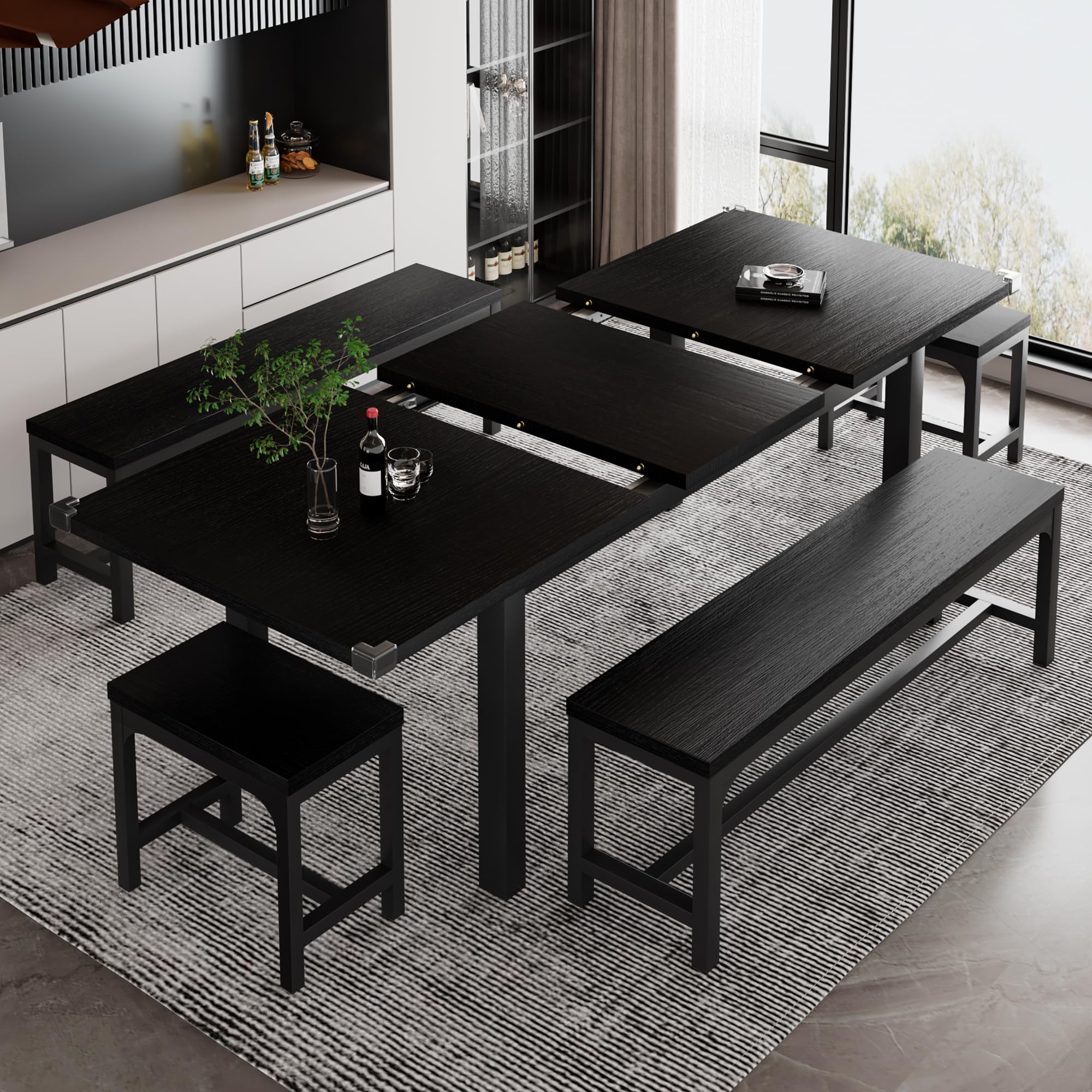 iPormis 5-Piece Extendable Dining Table Set for 4-8 People - Mid-Century Modern Kitchen Table with 2 Benches & 2 Stools, Space-Saving Black MDF Board & Metal Frame - Perfect for Small Apartments, Breakfast Nooks, and Family Gatherings