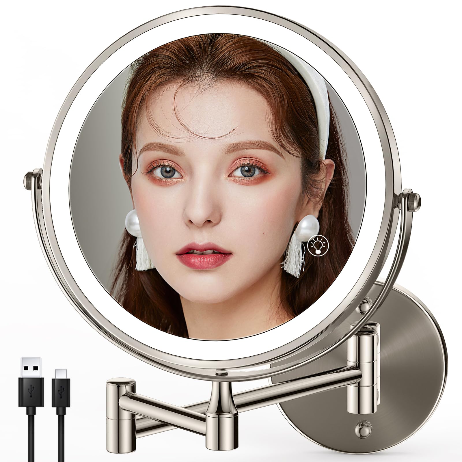 8.5 Inch Rechargeable Wall Mounted Makeup Mirror with Dual-Touch 1X/10X Magnification - Brushed Nickel Finish, 3 Color LED Lights & 360° Swivel - Extendable Bathroom Vanity Mirror for Shaving, Makeup Application & Skincare Routine