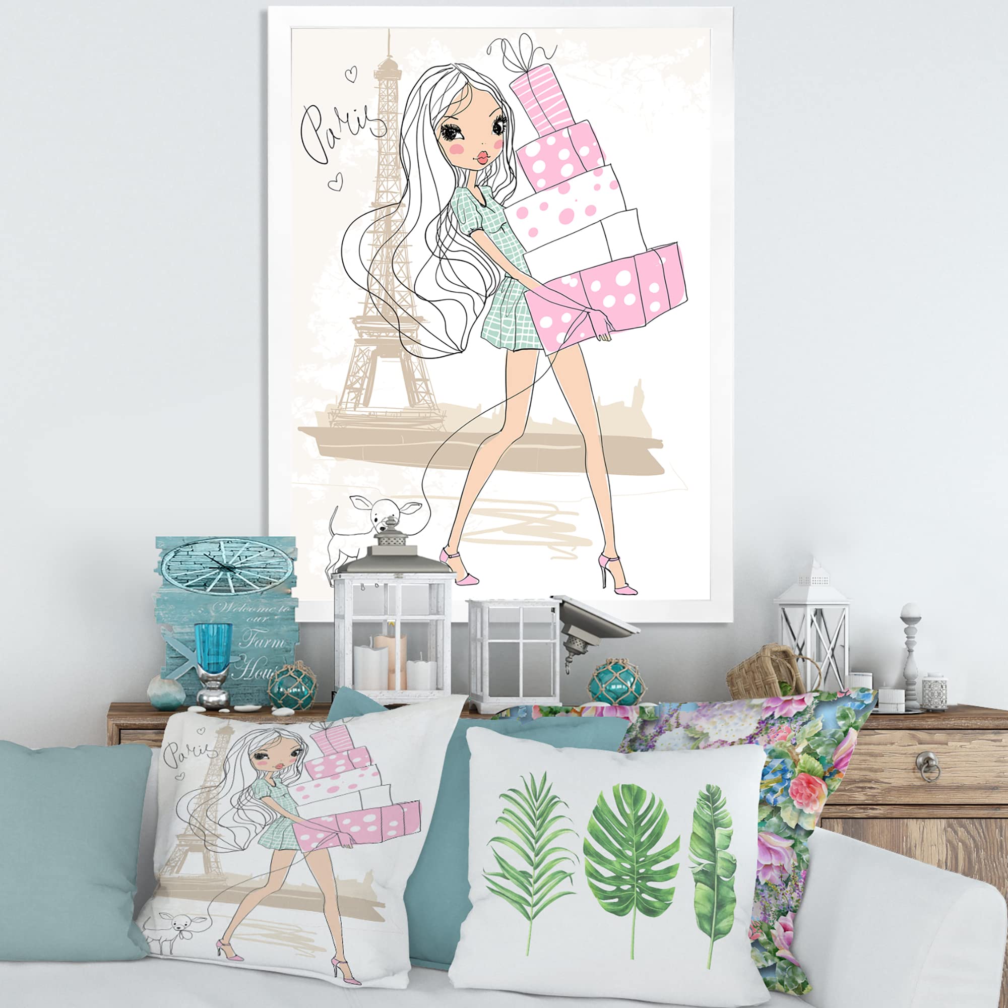 DesignQ Young Girl With Shopping Boxes In Paris - Shabby Chic Framed Wall Art - Perfect for Nursery, Bedroom & Living Room Decor