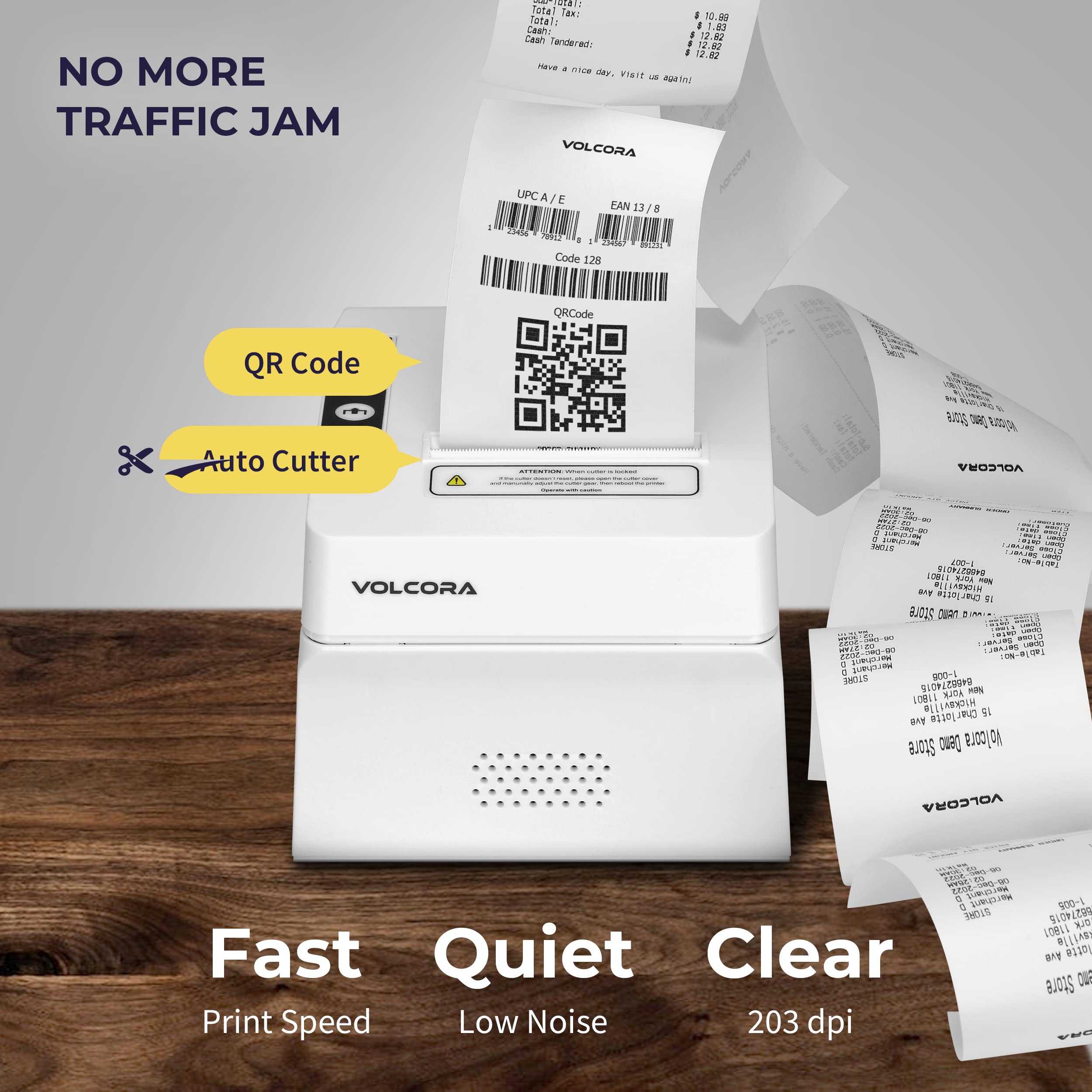 Volcora 80mm Thermal Receipt Printer with Auto Cutter - USB/Bluetooth POS Printer for Windows/MAC/Linux - ESC/POS Command Support & Cash Drawer - High-Speed Kitchen Printer for Restaurants, Retail Stores & Offices - Wall Mountable White POS System