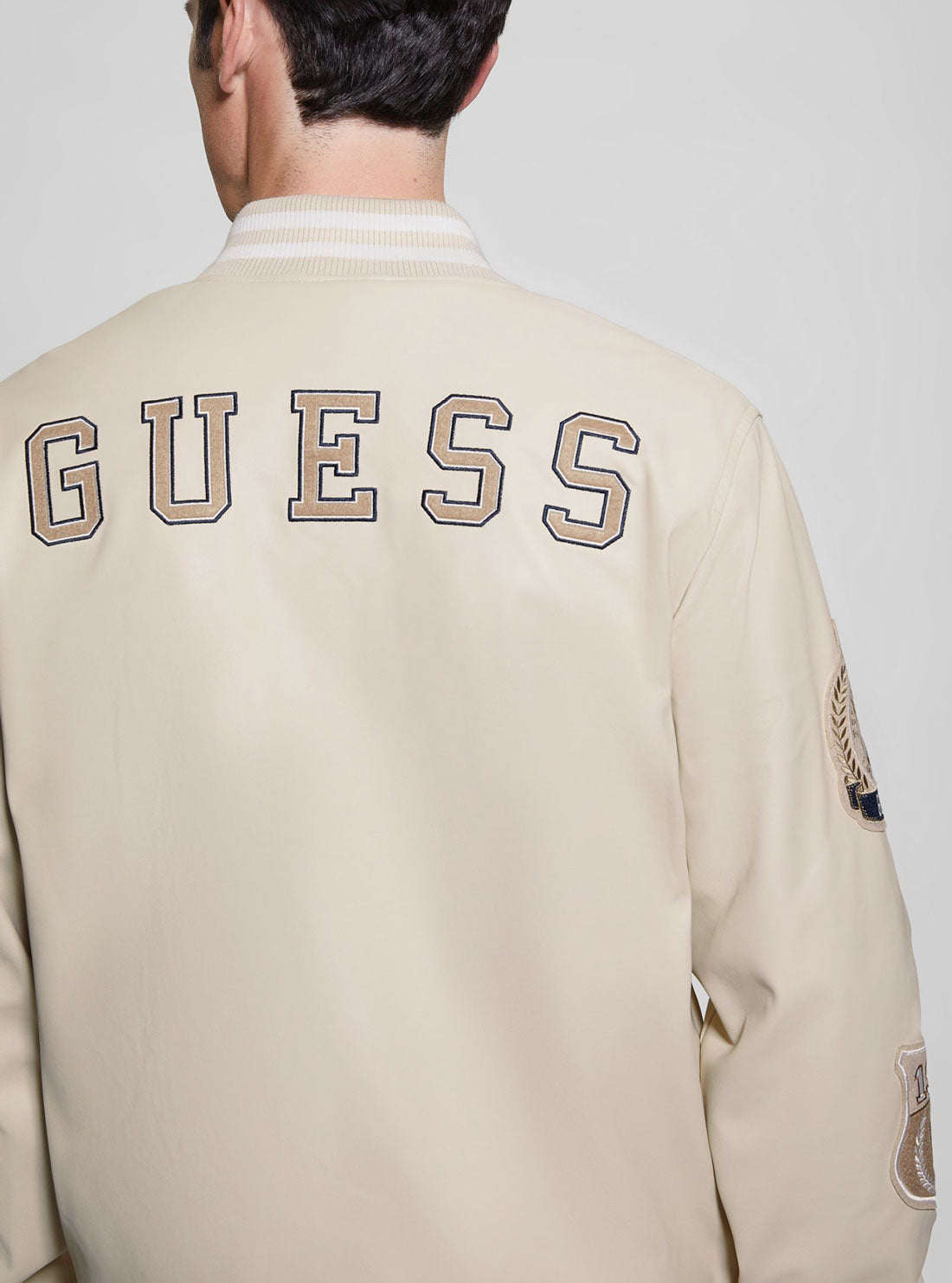 Beige Varsity Bomber Jacket for Men - Retro Baseball Letterman Jacket with Ribbed Cuffs - Casual Outerwear for College, Streetwear & Fall Fashion