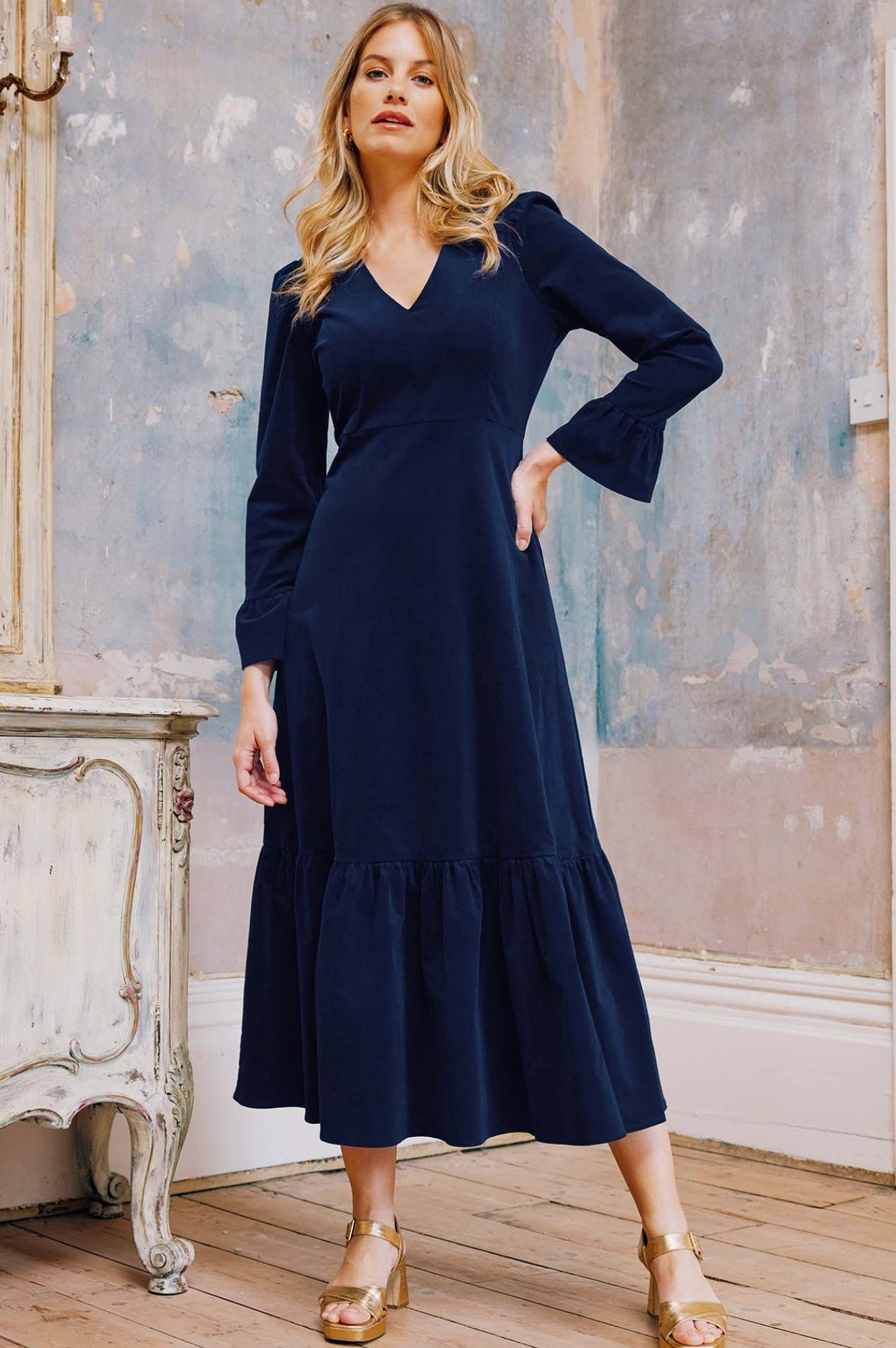 Victoria V Neck Long Sleeve Stretch Corduroy Dress for Women - Atlantic Blue | Comfortable & Stylish Fall Outfit for Work, Date Night & Casual Wear