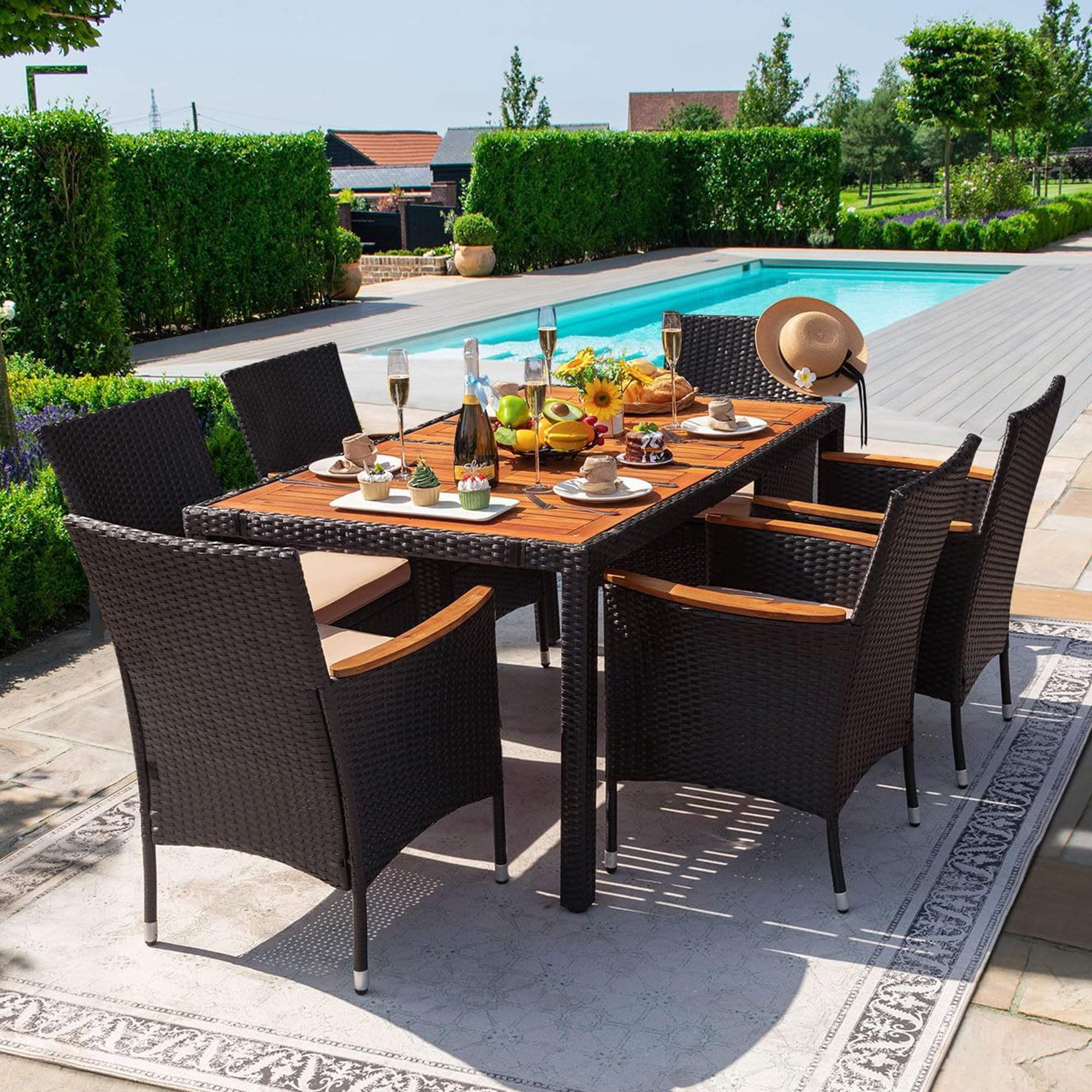 Devoko 7-Piece Outdoor Dining Set - Acacia Wood Table & Rattan Chairs, Black Patio Furniture for Garden, Backyard, Poolside & BBQ Parties
