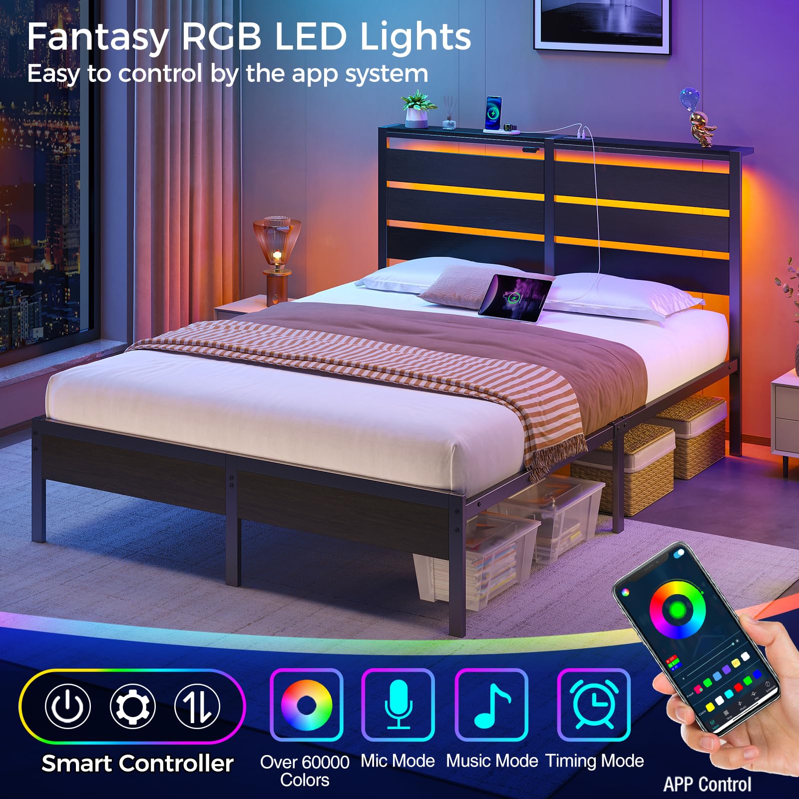 Rolanstar Queen Size Bed Frame with USB Charging & LED Lights - Wood Storage Headboard, Black Metal Platform Bed with Under Bed Storage - No Box Spring Needed, Noise Free - Perfect for Modern Bedrooms & Small Spaces