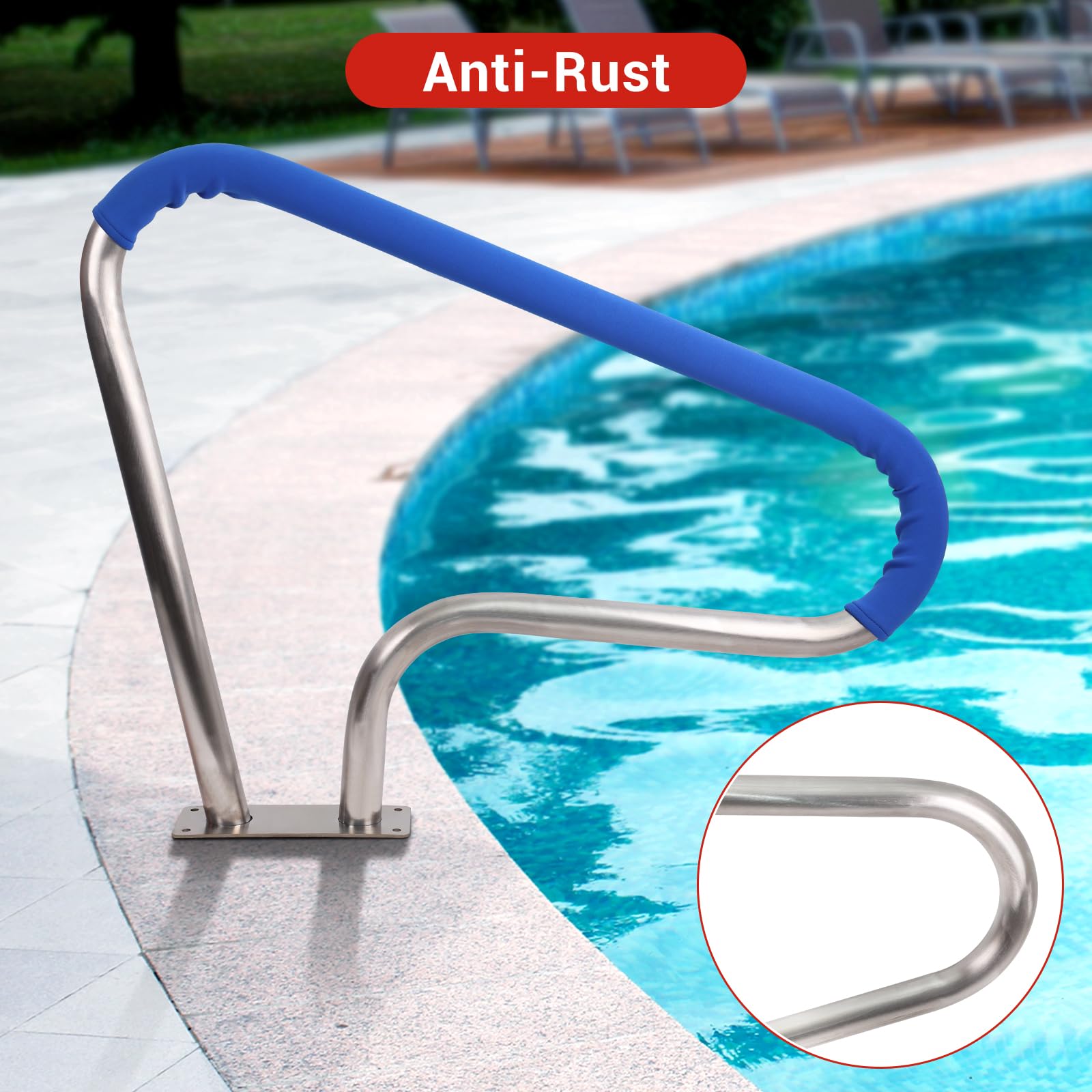 39 x 32 Inch 304 Stainless Steel Swimming Pool Handrail - Rustproof Inground Pool Stair Rail with Non-Slip Blue Grip Cover - Perfect for Pool Safety, Elderly Assistance & Easy Pool Entry/Exit