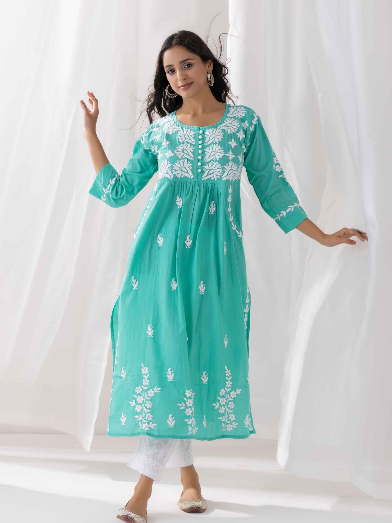 Fizaa Chikankari Cotton Kurta for Women - Round Neck Sea Green Ethnic Top - Perfect for Festivals, Weddings & Casual Wear