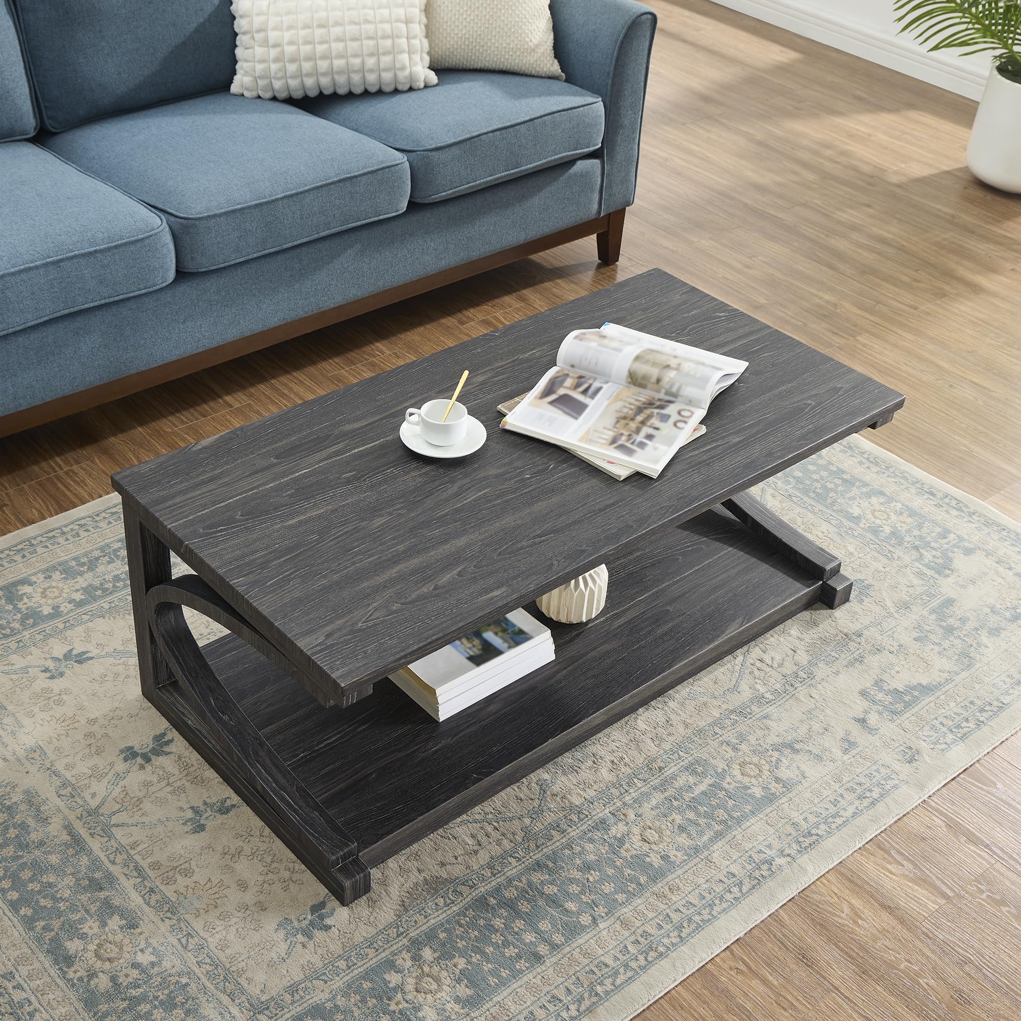 P PURLOVE Solid Wood Coffee Table - Modern Farmhouse Style 2-Tier Rectangle Coffee Table with Storage Shelf | Perfect for Living Room, Bedroom & Small Spaces | Rustic Home Decor & Functional Center Table for Daily Use