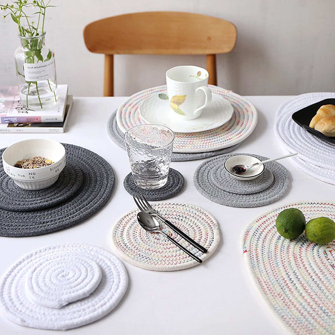 12-Inch Round Place Mats Set of 6 - Cotton & Polyester Woven Table Mats for Dining, Kitchen, or Party Decor - Stain-Resistant White Round Placemats for Everyday Use & Special Occasions