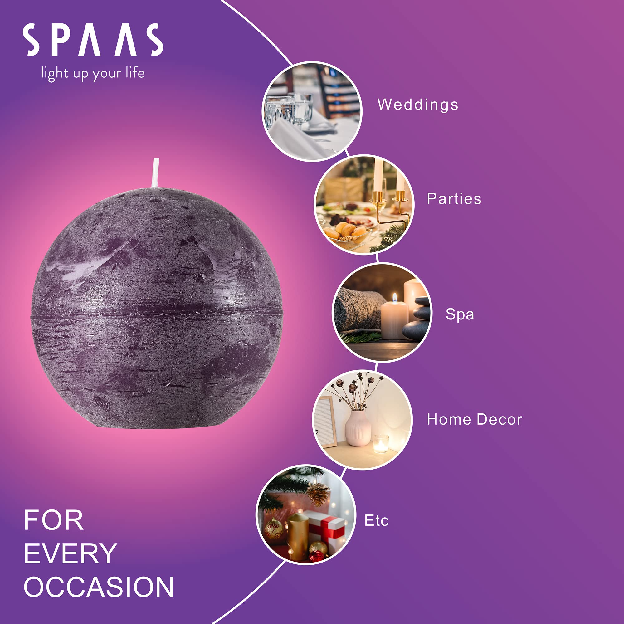 SPAAS Unscented Purple Round Candles - 3 Inch Rustic Ball Candles for Wedding Decorations, Party Centerpieces, Holiday Table Settings & Home Decor - Set of 6 Paraffin Wax Sphere Candles - Perfect for Romantic Dinners, Spa Nights & Seasonal Displays
