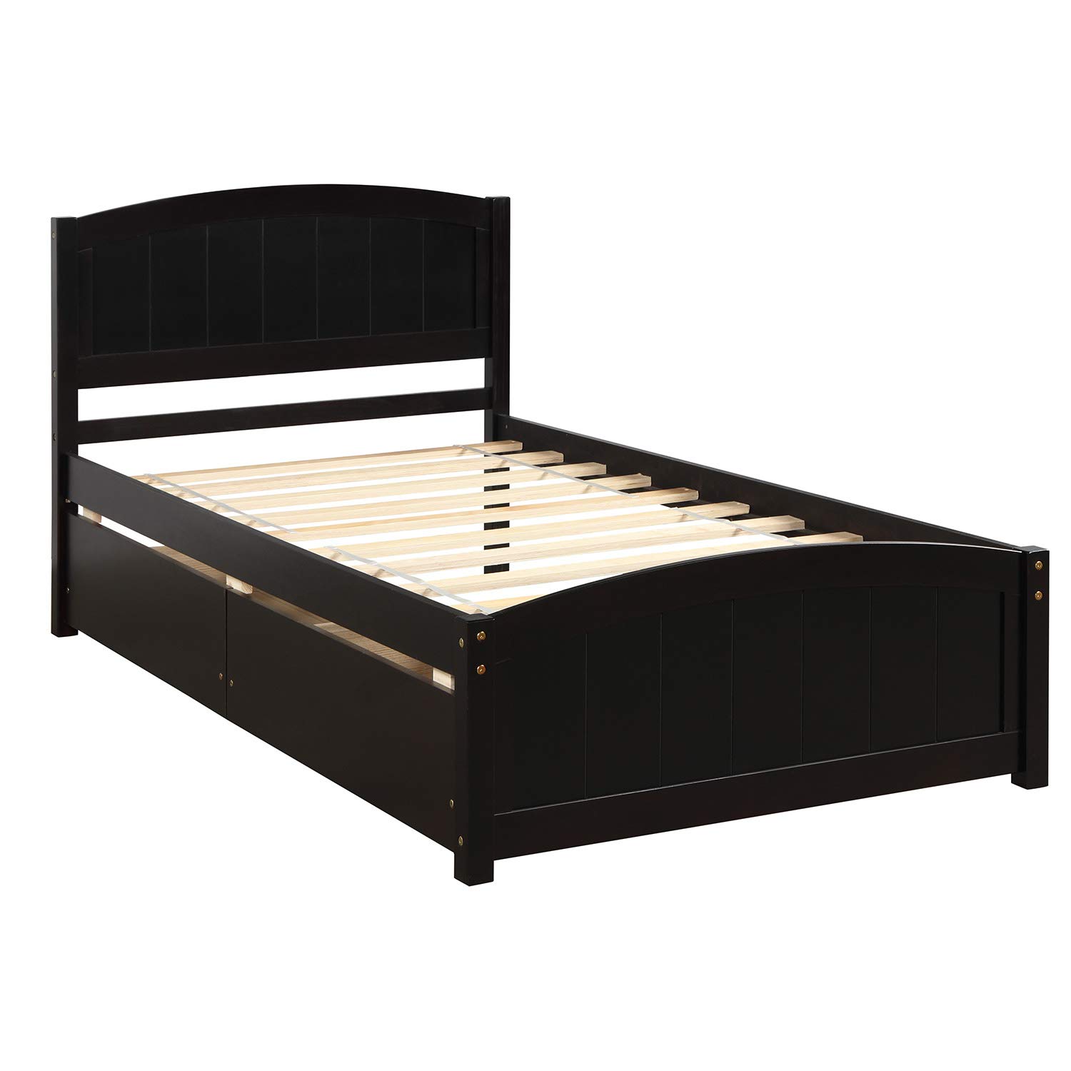 Merax Solid Wood Twin Size Platform Bed Frame with 2 Storage Drawers - No Box Spring Needed, Espresso Finish - Perfect for Small Bedrooms, Guest Rooms & Kids' Rooms