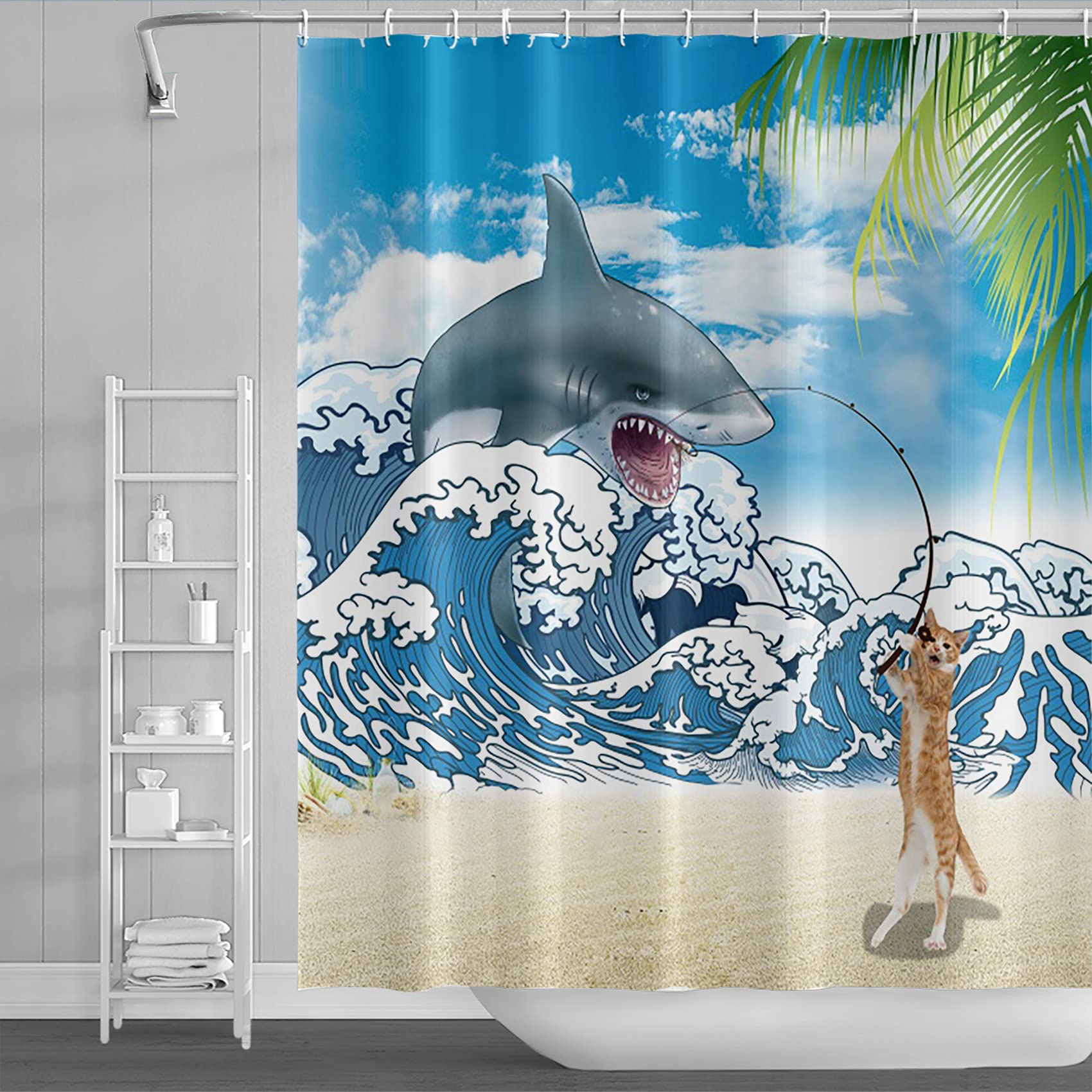 Bovlleetd Blue White Abstract Ocean Wave Shower Curtain - Waterproof Bathroom Decor with Hooks 71x84 Inch - Perfect for Coastal, Beach & Nautical Themed Bathrooms