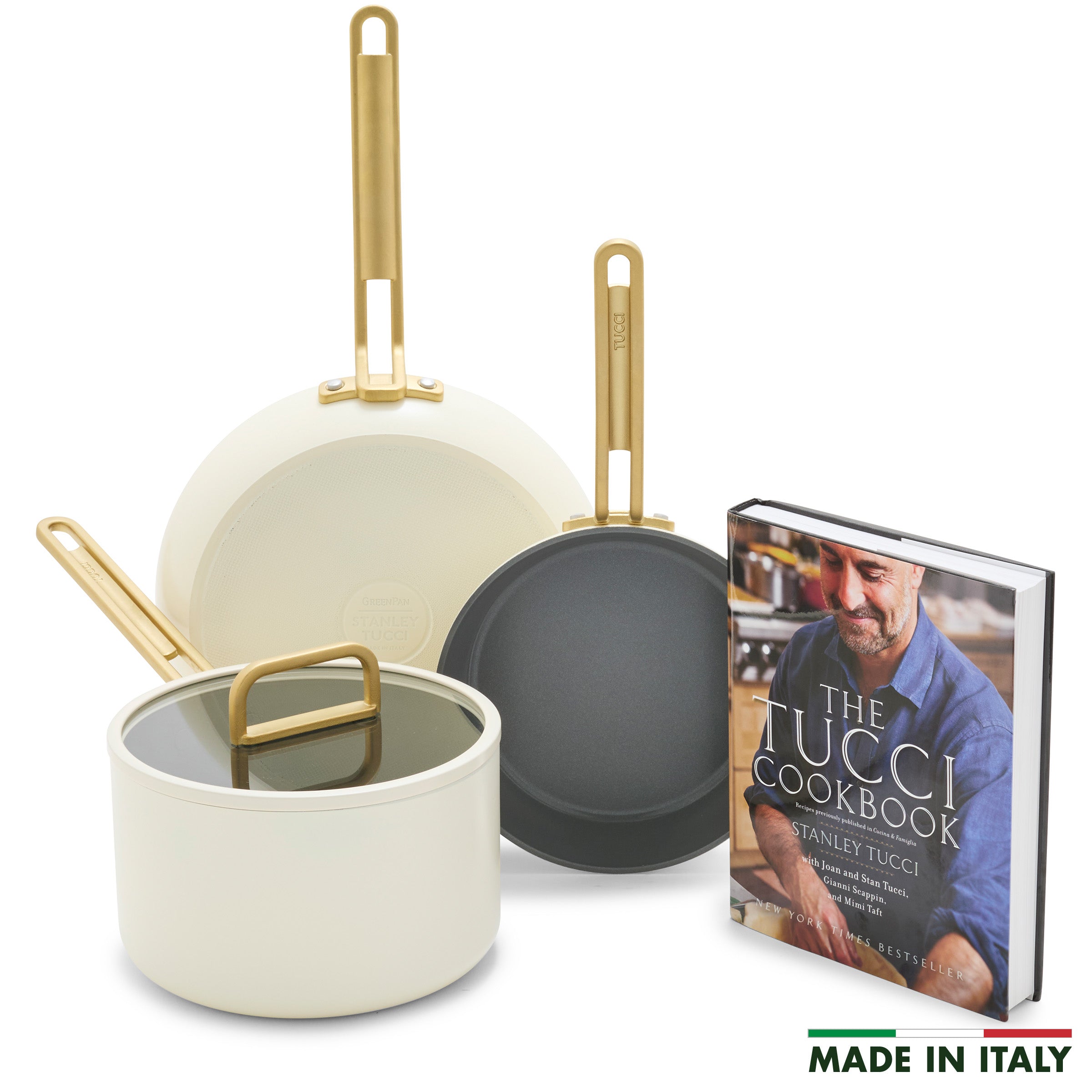 Stanley Tucci™ Ceramic Nonstick 4-Piece Cookware Set with Free Cookbook | Carrara White | Perfect for Home Cooking, Gifts & Professional Chefs