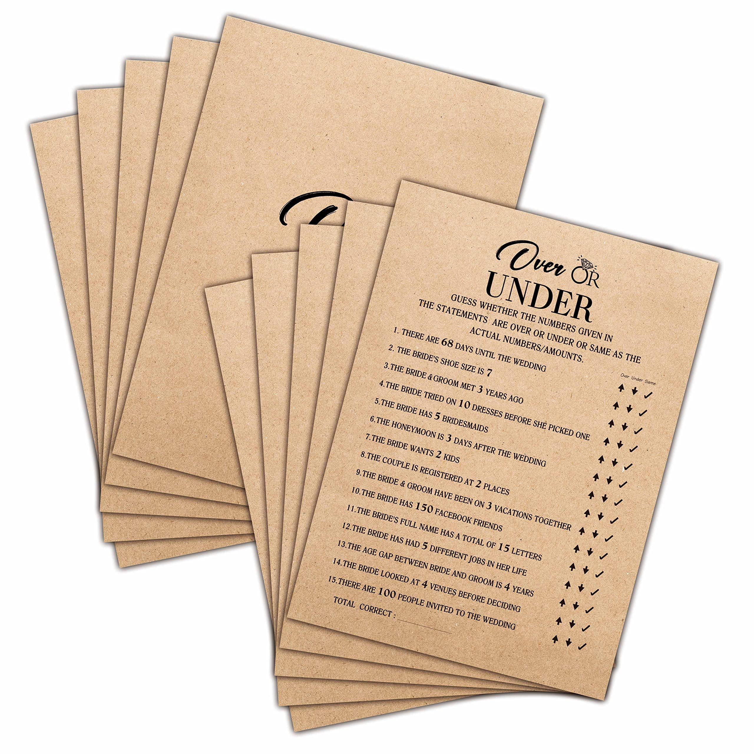 Bridal Shower Game Set - Over or Under Wedding Party Game Cards with 30 Kraft Rustic Cards - Unique Engagement & Bachelorette Party Supplies - Perfect for Wedding Showers, Rehearsal Dinners & Girls' Night Activities