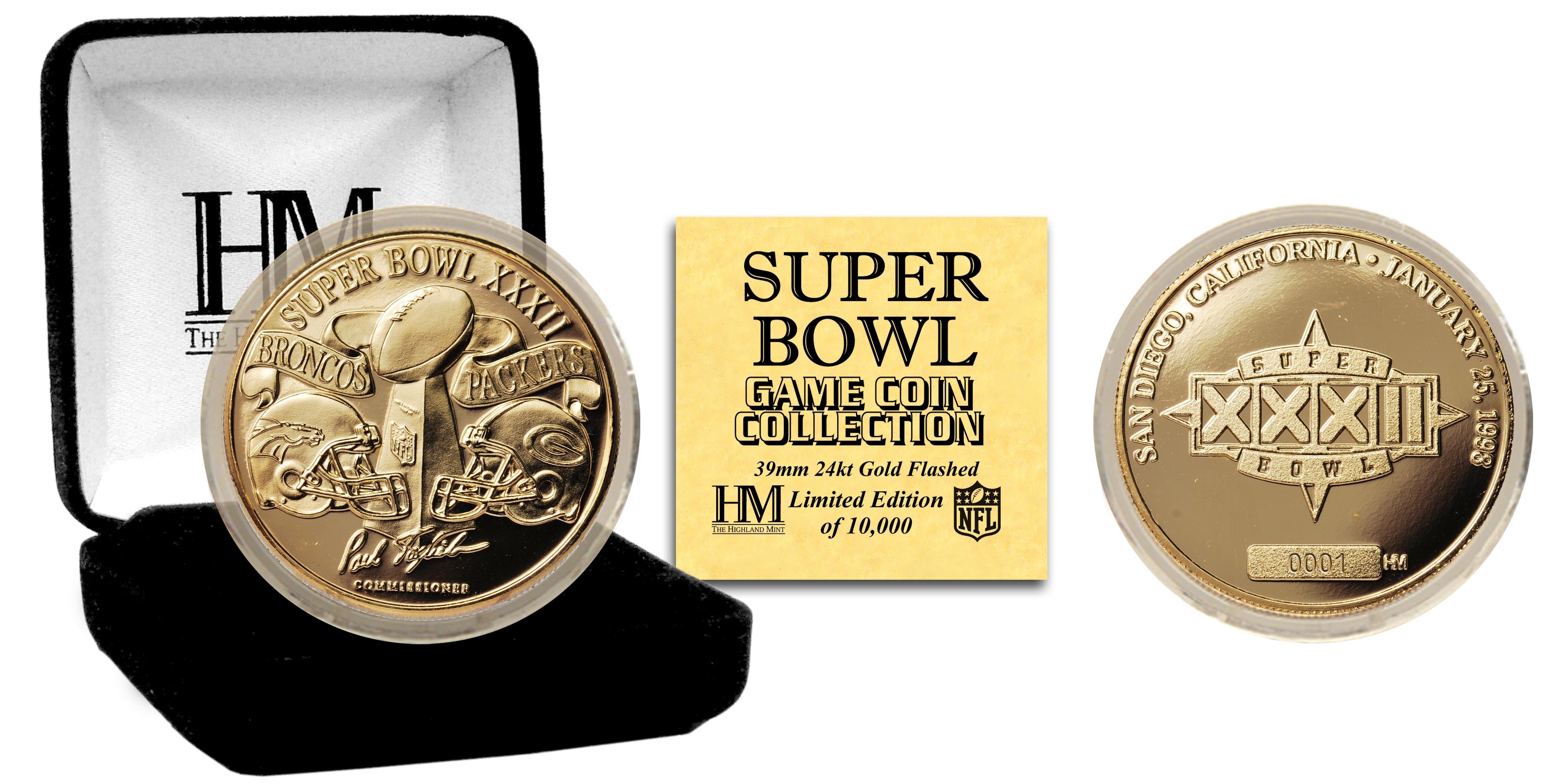 Super Bowl XXXII 24kt Gold Commemorative Flip Coin - Official Collectible for Football Fans, Sports Memorabilia & Game Day Decision Making