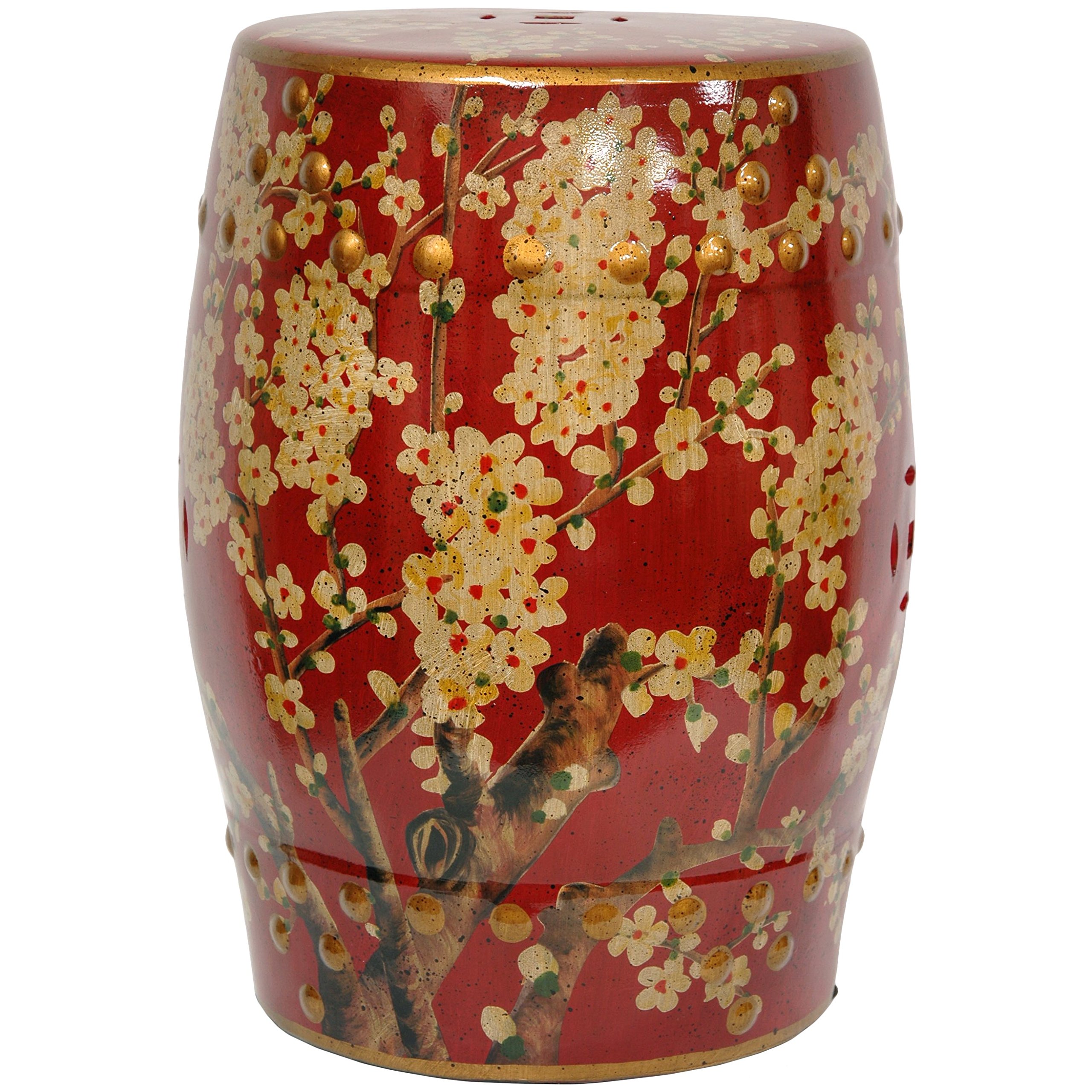 Red Lantern Sakura Blossom Garden Stool - Round Decorative Outdoor Seating for Patio, Japanese Zen Garden & Spring Decor