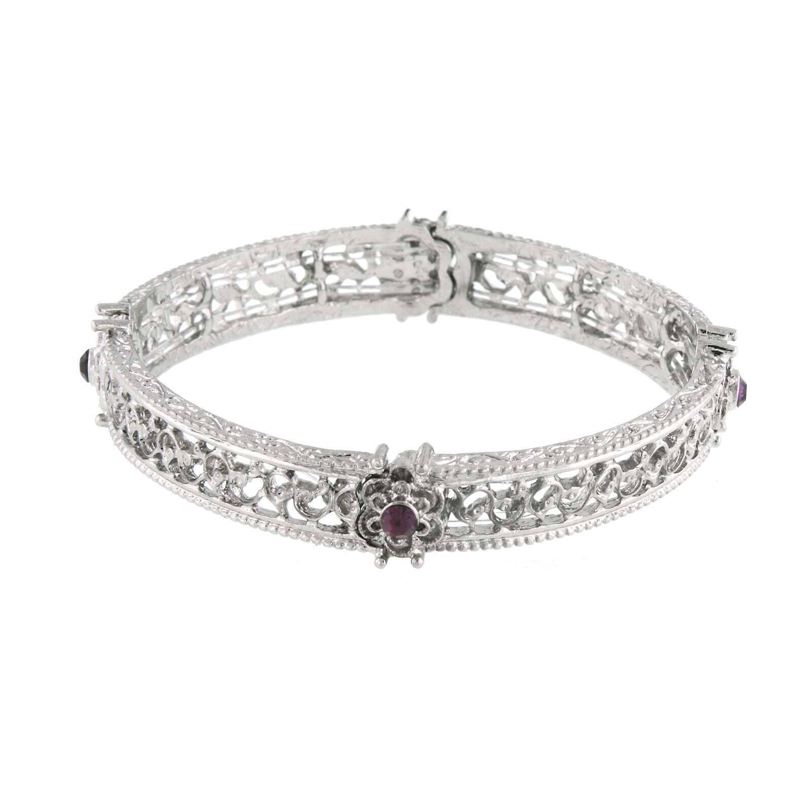 1928 Jewelry Amethyst Purple Filigree Flower Stretch Bracelet for Women - Elegant Vintage Adjustable Crystal Beaded Bangle for Party, Wedding & Gift Giving