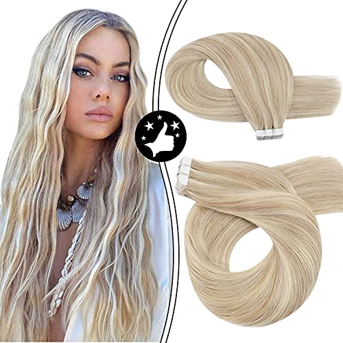 Moresoo 24 Inch Blonde Hair Extensions Tape in Human Hair - 50g Remy Hair with Invisible PU Tape - Color #18 Ash Blonde & #613 Blonde - 20pcs Seamless Tape Extensions for Natural Look - Perfect for Daily Wear, Parties, and Special Occasions