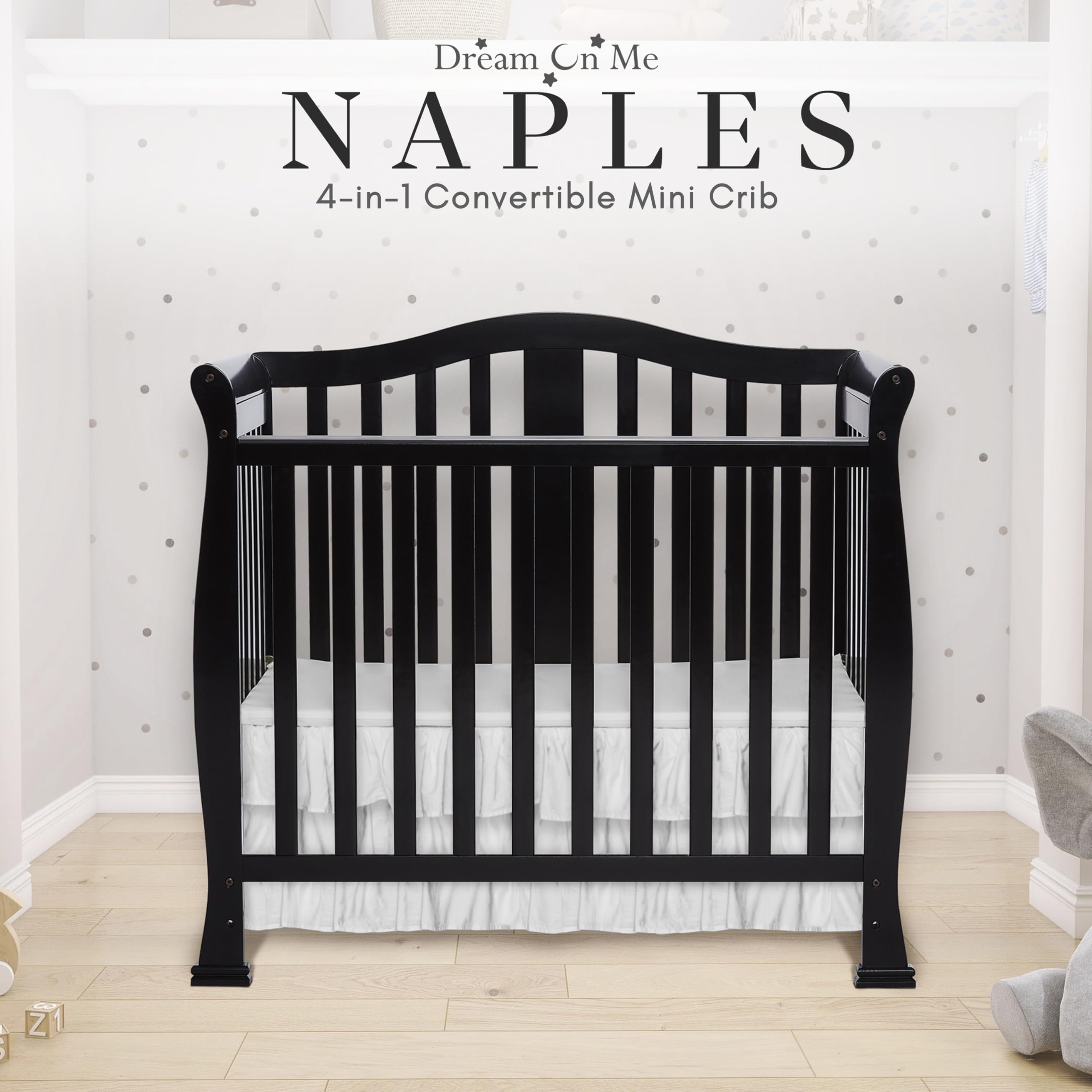 Dream On Me Addison 4-in-1 Convertible Mini Crib - Black | Greenguard Gold Certified | Non-Toxic New Zealand Pinewood | Includes 1