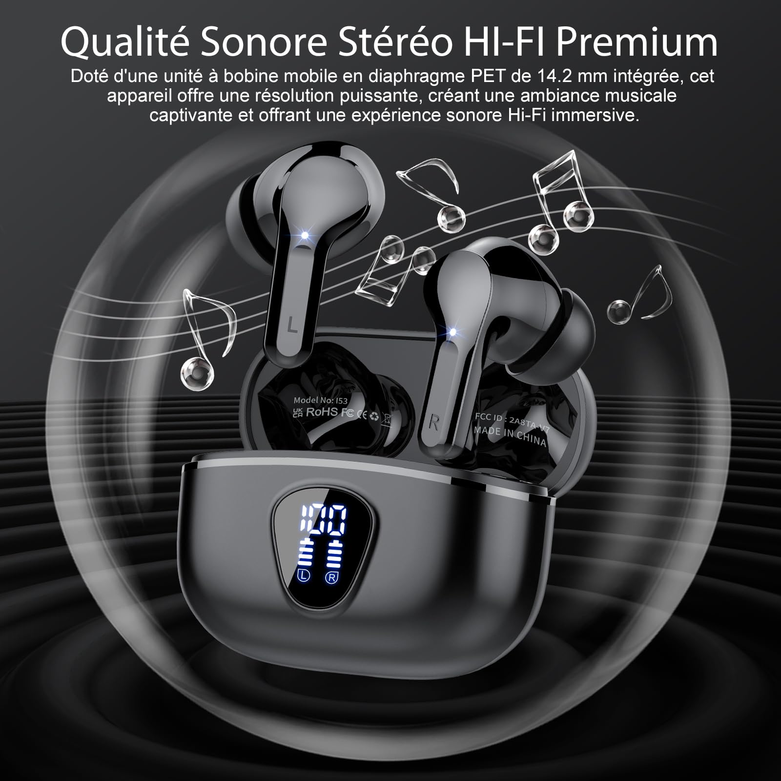 Wireless Bluetooth Headphones 5.3 with Immersive Bass, 4 ENC Mic Noise Cancelling Earbuds, 40H Playtime LED Display, IP7 Waterproof Touch Control - Perfect for Gym, Running, Travel & Work (Black, 2024 Model)