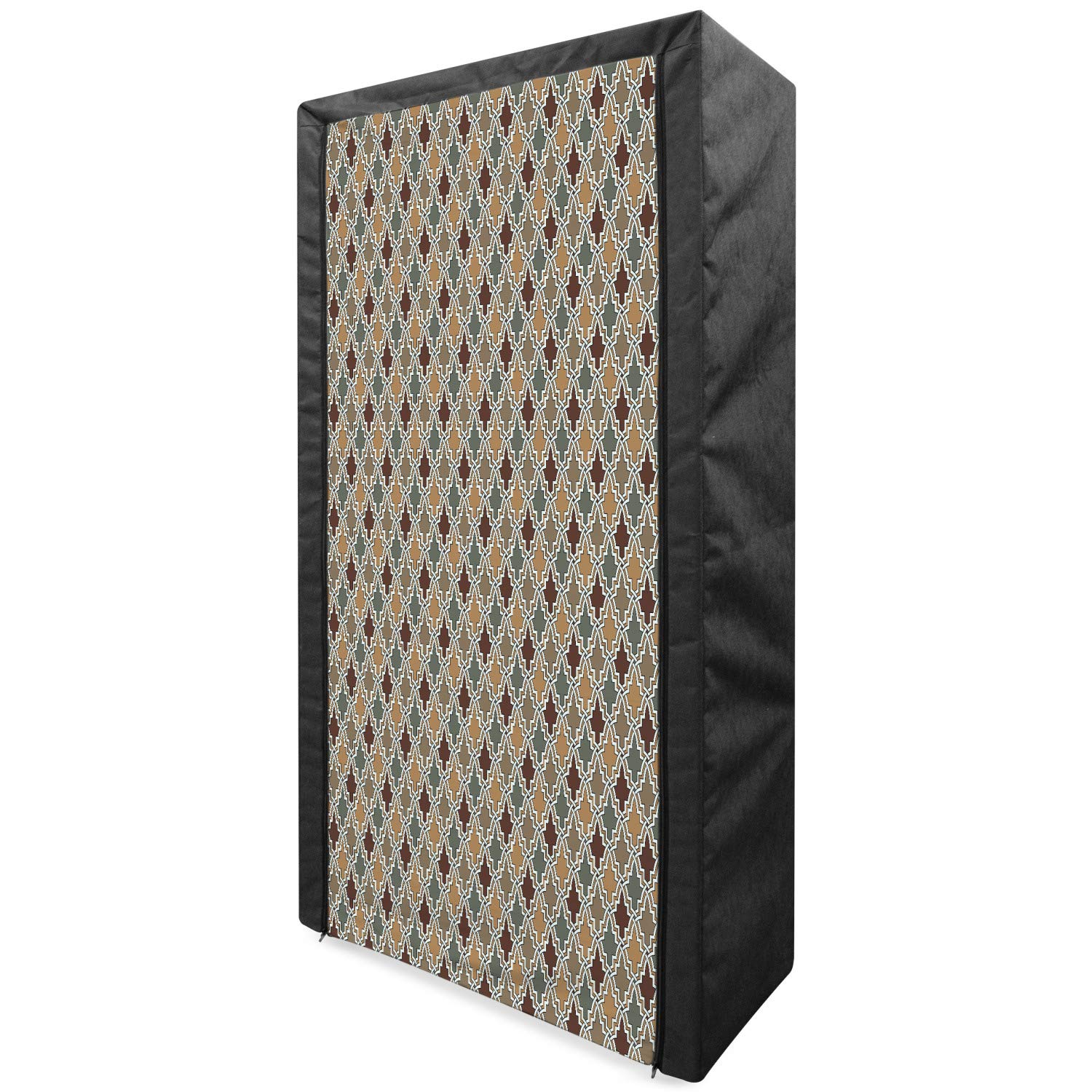 Ambesonne Geometric Portable Fabric Wardrobe with Shelves | Antique Eastern Pattern Moroccan Style Clothing Organizer | 33.5 Inch Tan Brown Sage Green | Perfect for Bedroom, Closet & Dorm Storage Organization