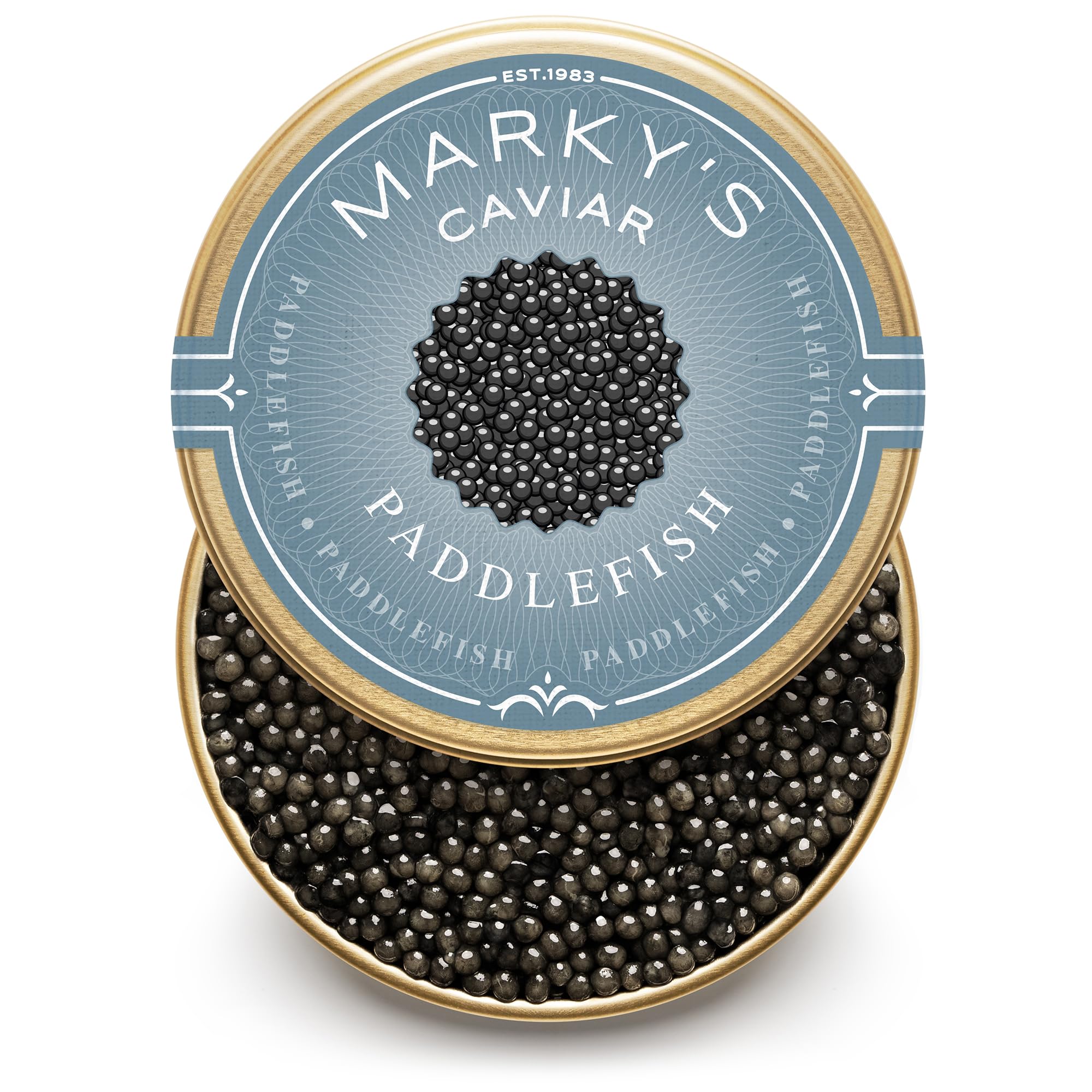 Premium MARKY'S American Caviar Gift Set - 4 Varieties (Hackleback, Paddlefish, Bowfin, Keta Salmon Roe) - 1 oz / 28g Each - Includes Mother of Pearl Spoon, Plate, Tin Opener & Blini - Ideal for Gourmet Gifts, Luxury Dining & Special Occasions - Ships Overnight with Cooler Bag