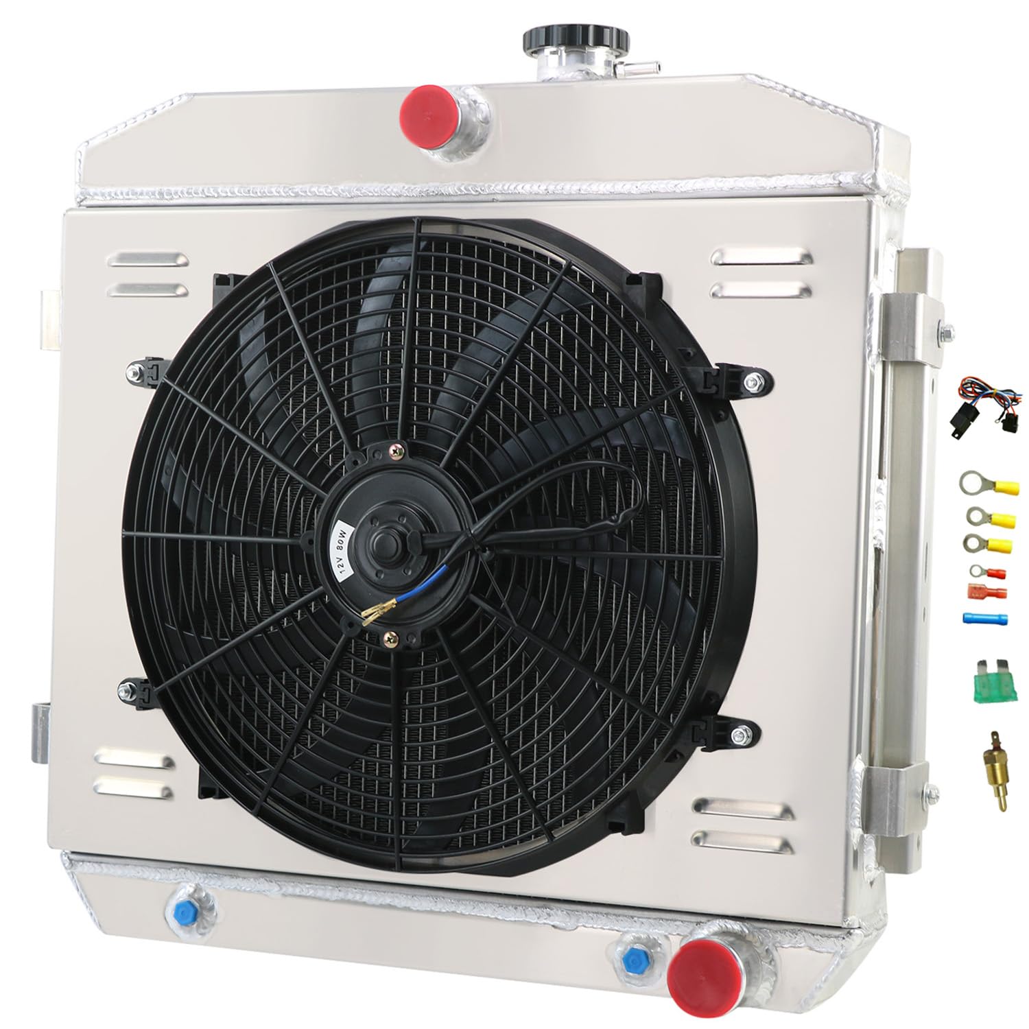 High-Performance 4 Row Aluminum Radiator for 1955-1957 Chevy Bel Air, Belair, Nomad, 210 & 150 Series V8 - Complete Cooling Kit with Shroud Fan & Thermostat Relay - Ideal for Classic Car Restoration & Hot Rod Upgrades