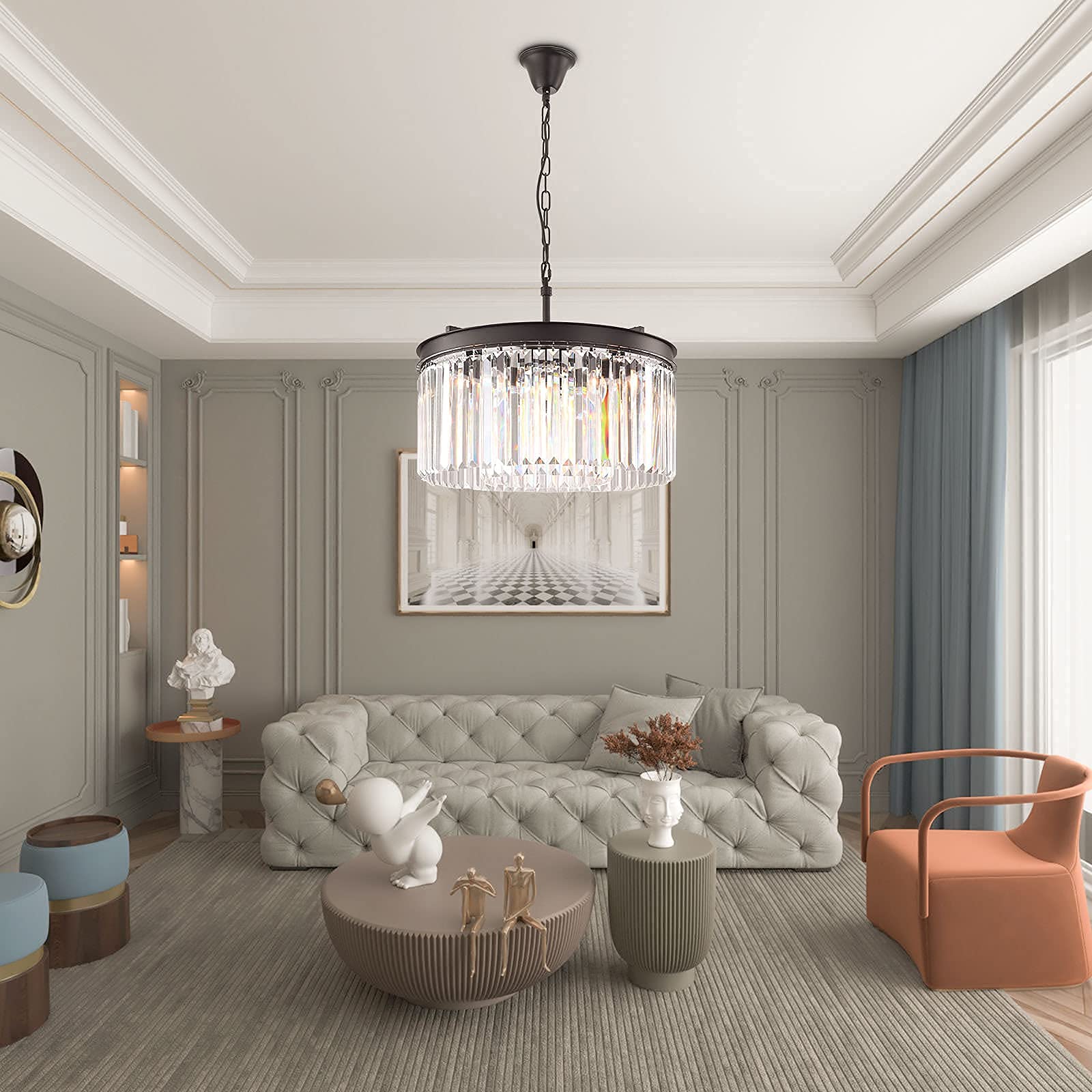 Modern Crystal Chandelier 5-Light Adjustable Hanging Pendant - 2-Tier Contemporary Ceiling Light Fixture with E12 Base for Dining Room, Living Room, Bedroom & Girls Room - Elegant Black Chandelier for Home Decor & Wedding Venue Lighting