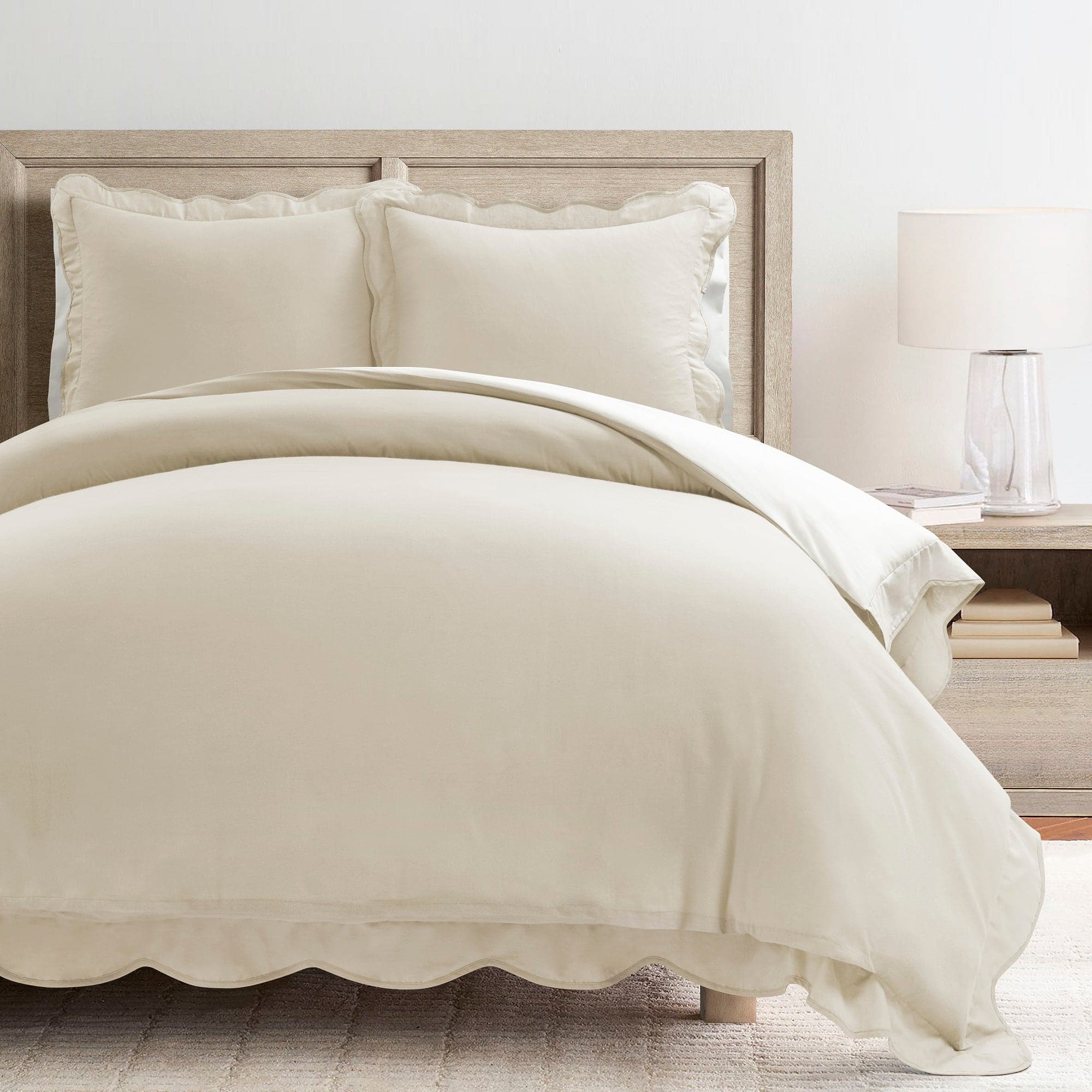 Coastal Chic Scalloped Edge 100% Cotton Reversible Duvet Cover Set - Breathable Soft Bedding for Beach House & Boho Bedroom Decor