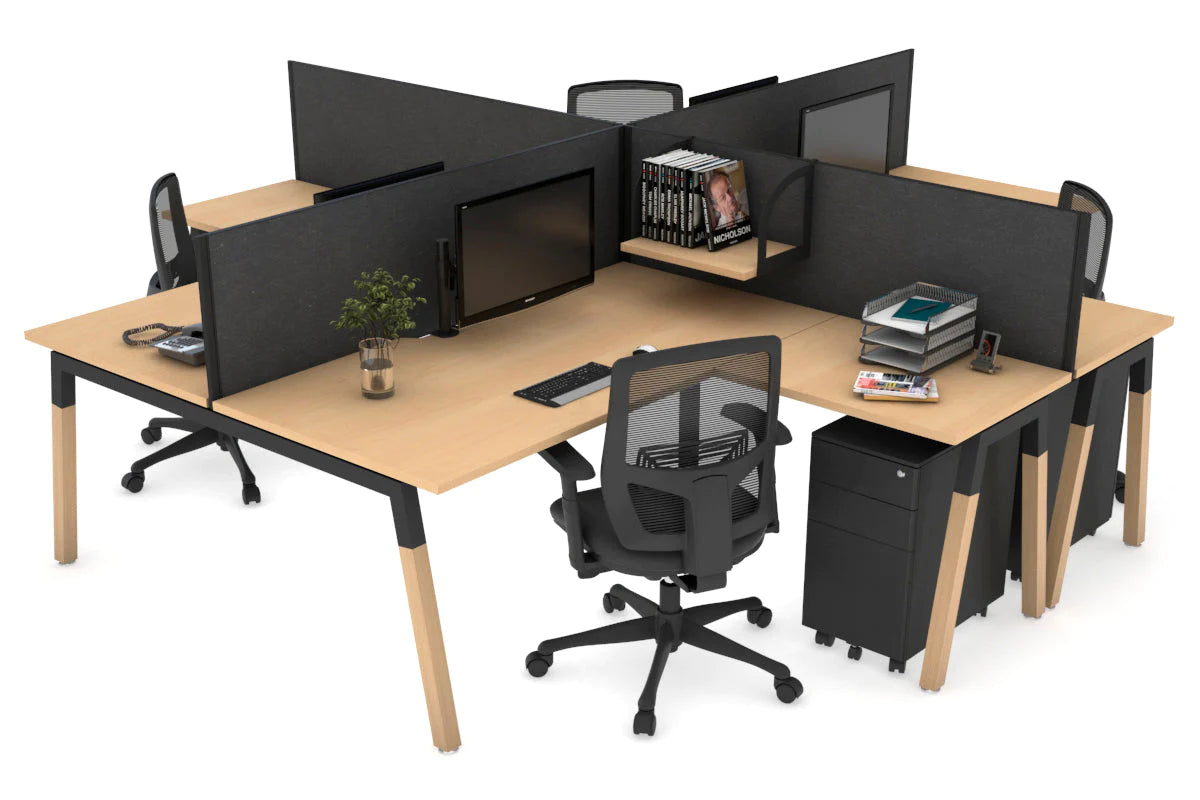 Quadro Wood A Legs Cross Beam 4-Person Corner Workstation Desk - 1600L x 1800W with Cable Management Scallop - Perfect for Office, Home Workspace & Collaborative Environments