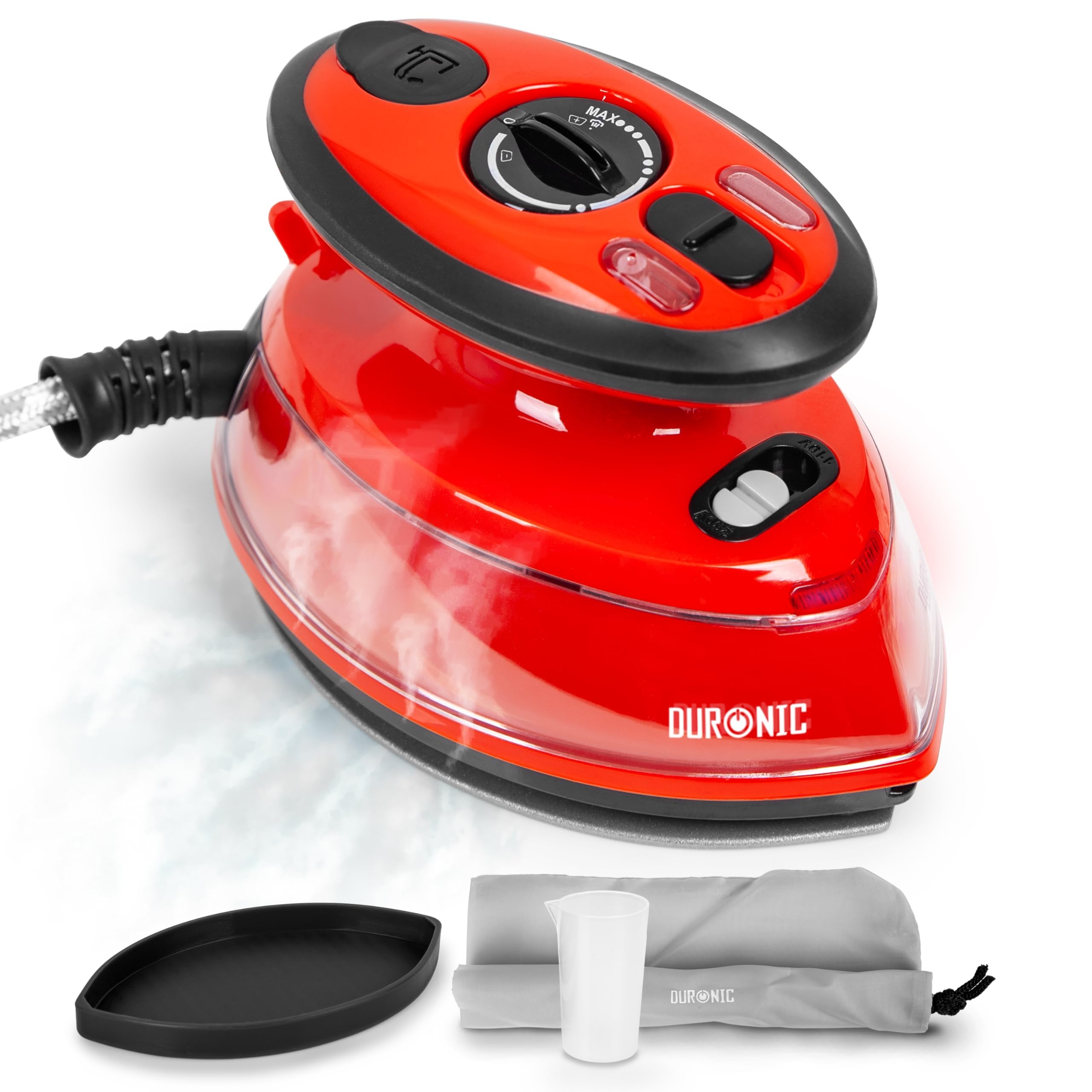 Duronic Steam Travel Iron Si3 RD - 400W Mini Compact Steamer with 35ml Water Tank, Adjustable Heat Settings & Brush - Perfect for Quilting, Patchwork, Applique, Crafts & Holiday Travel Use