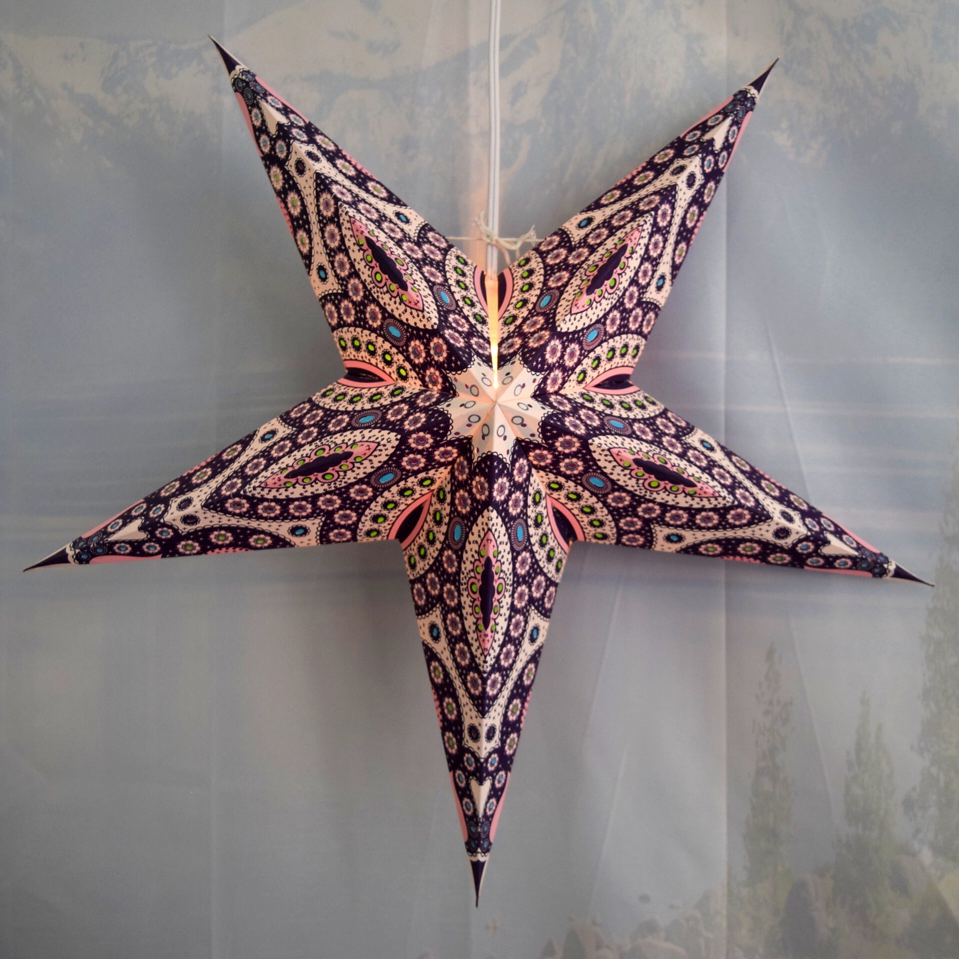 24 Inch Pink Purple Paper Star Lantern with Pendant Light - DIY Hanging Decoration for Bedroom, Nursery, Wedding & Party Decor