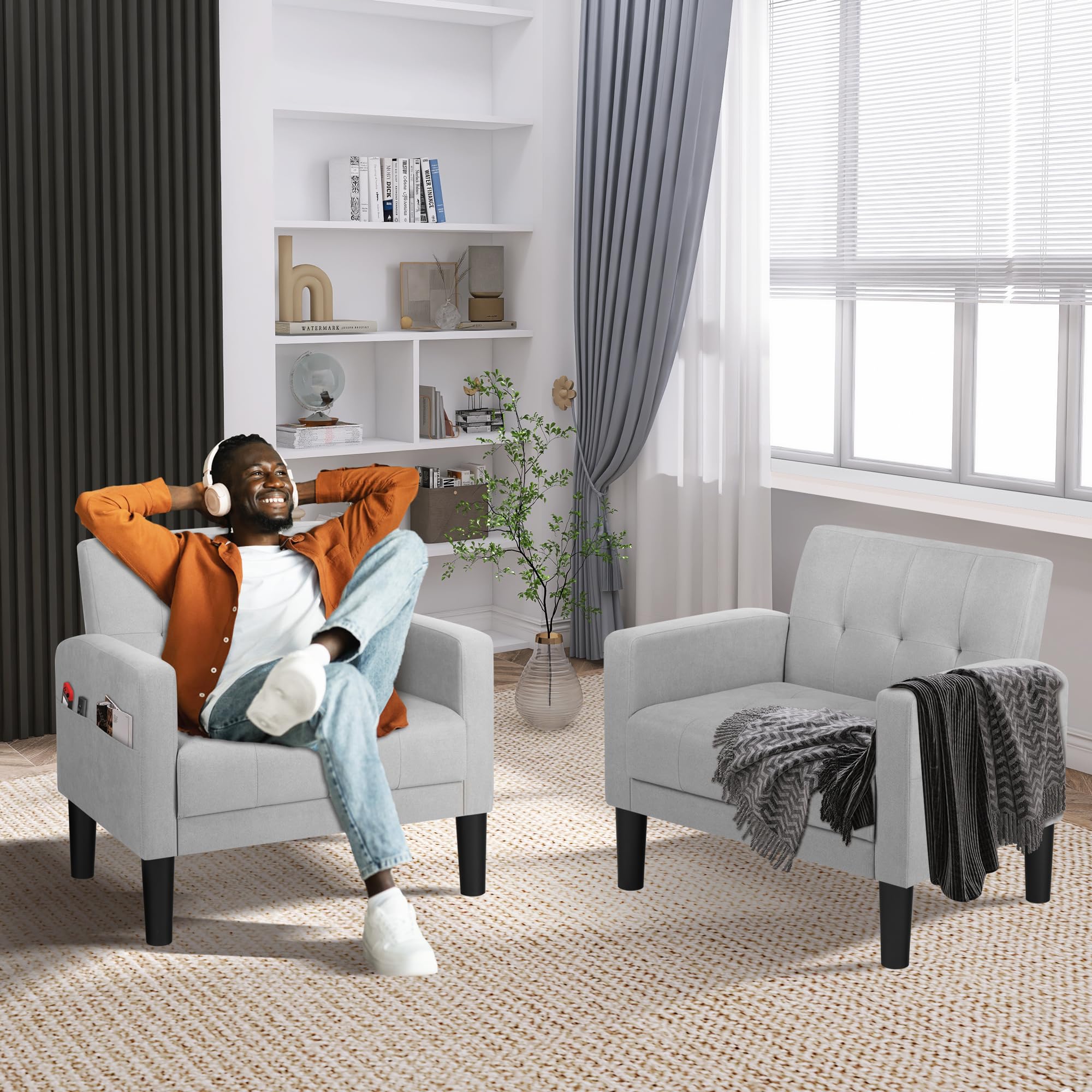Mid-Century Modern Fabric Accent Armchairs Set of 2 - Light Grey Upholstered Tufted Living Room Chairs for Bedroom, Office & Lounge - Comfortable Reading & Relaxation Furniture for Home Decor