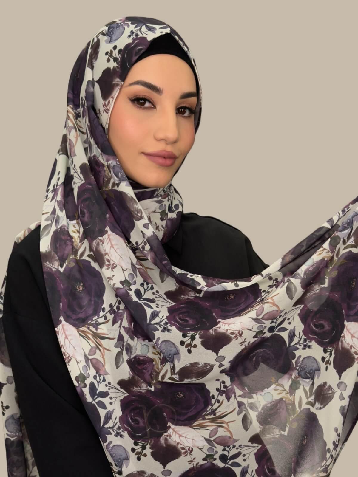 Elegant Printed Chiffon Hijab Scarf - Plum Orchid Floral Design for Muslim Women - Perfect for Daily Wear, Prayer & Special Occasions